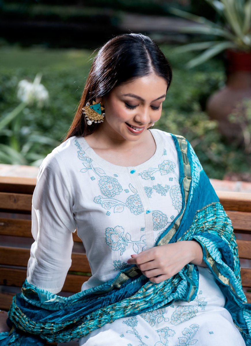 White Viscose Dola Silk Suit Set - Payal