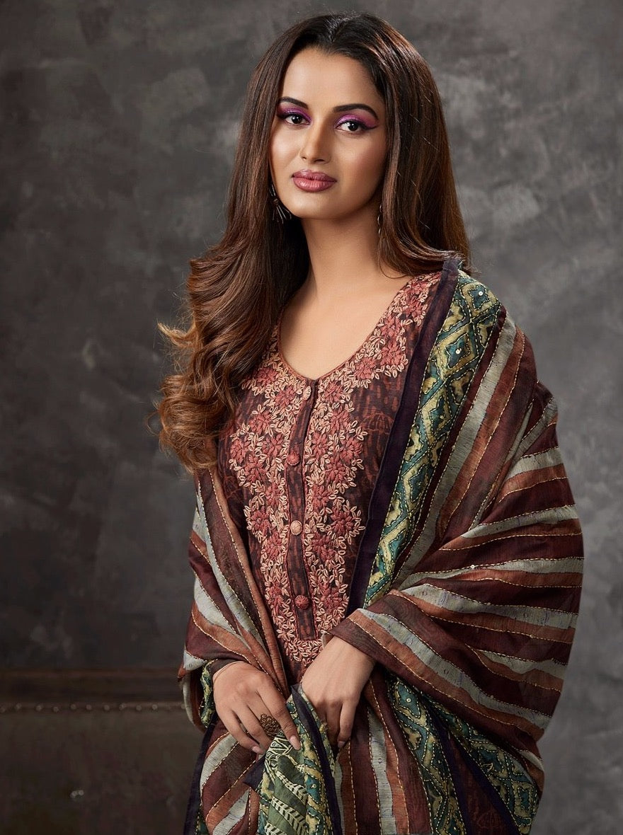 Wine Cotton Straight Cut Suit Set - Payal