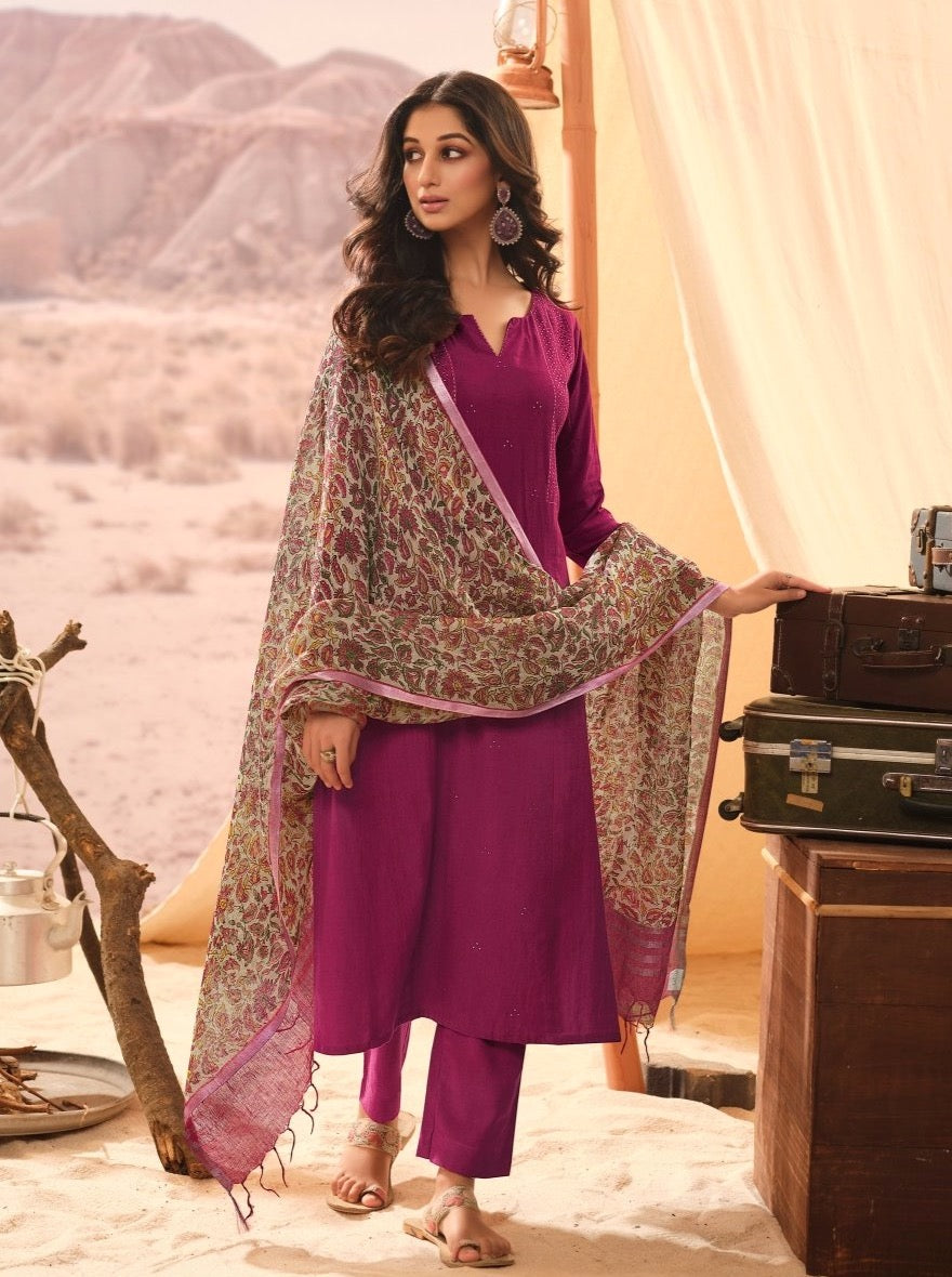 Wine Flax A-line Casual Suit Set - Payal