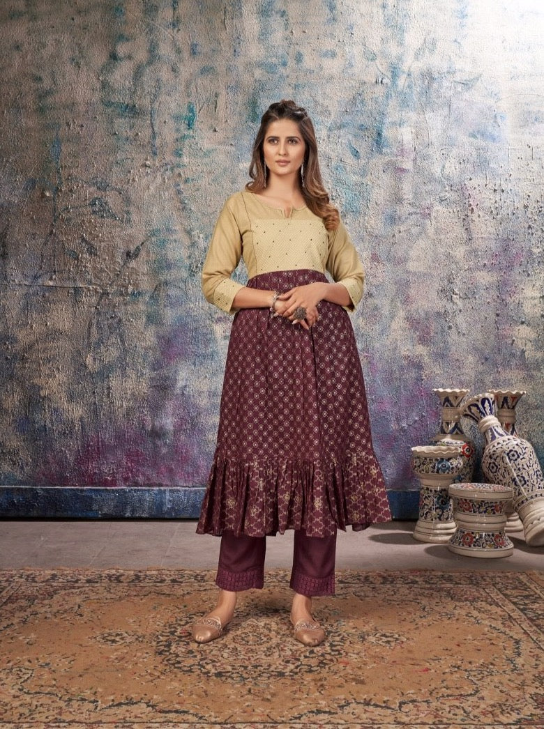 Wine Mal Mal Pleated Kurta set - Payal