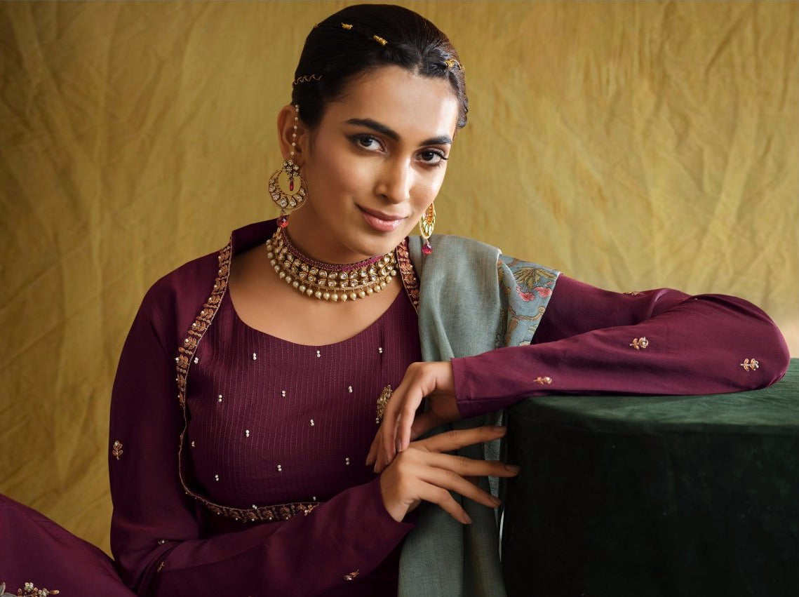 Wine Muslin Flared Festive suit set - Payal