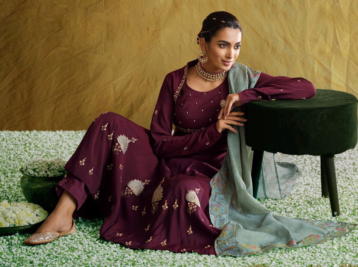 Wine Muslin Flared Festive suit set - Payal