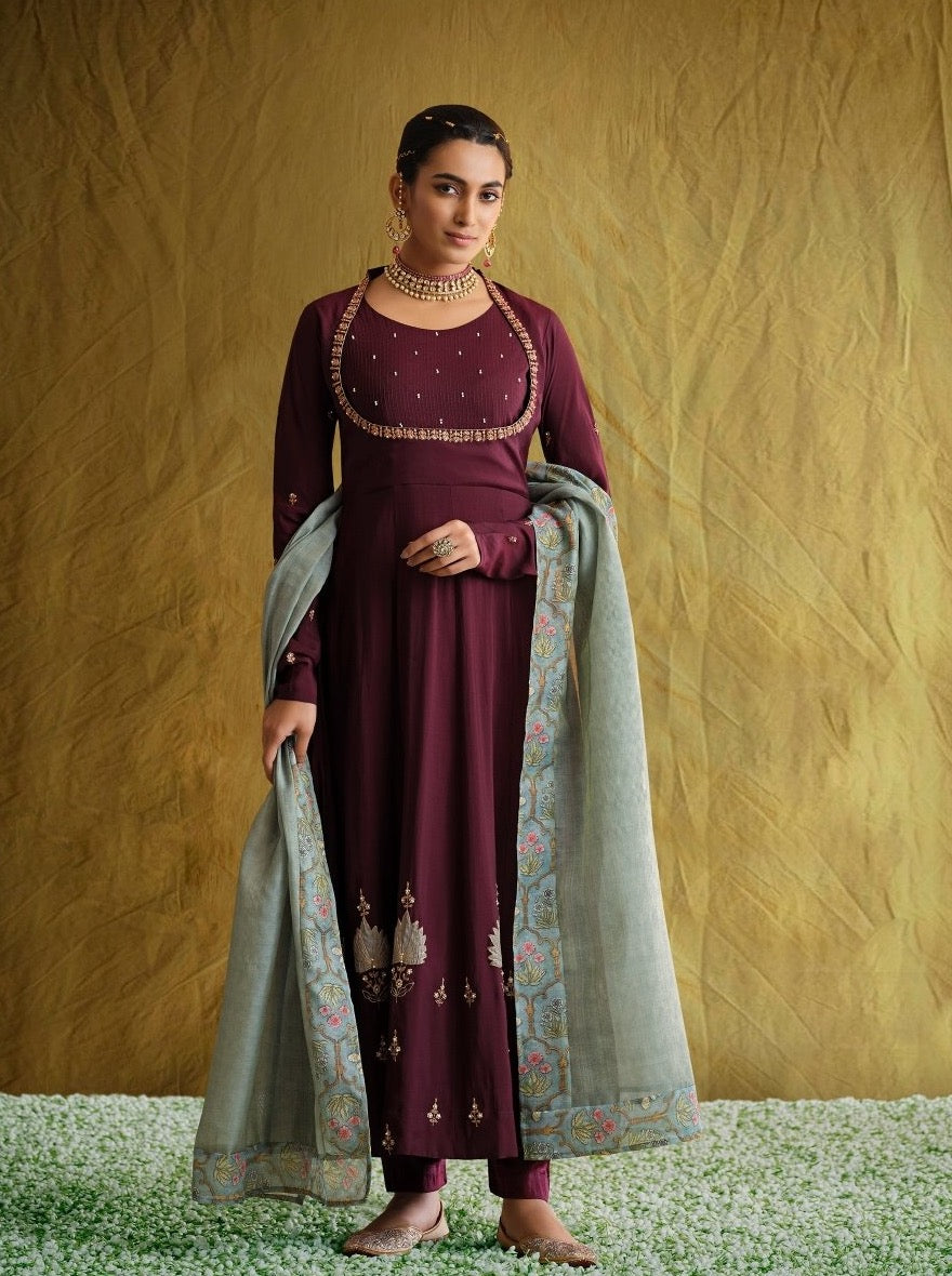Wine Muslin Flared Festive suit set - Payal