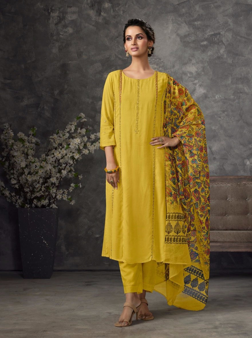 Yellow Chanderi Aline Suit Set - Payal