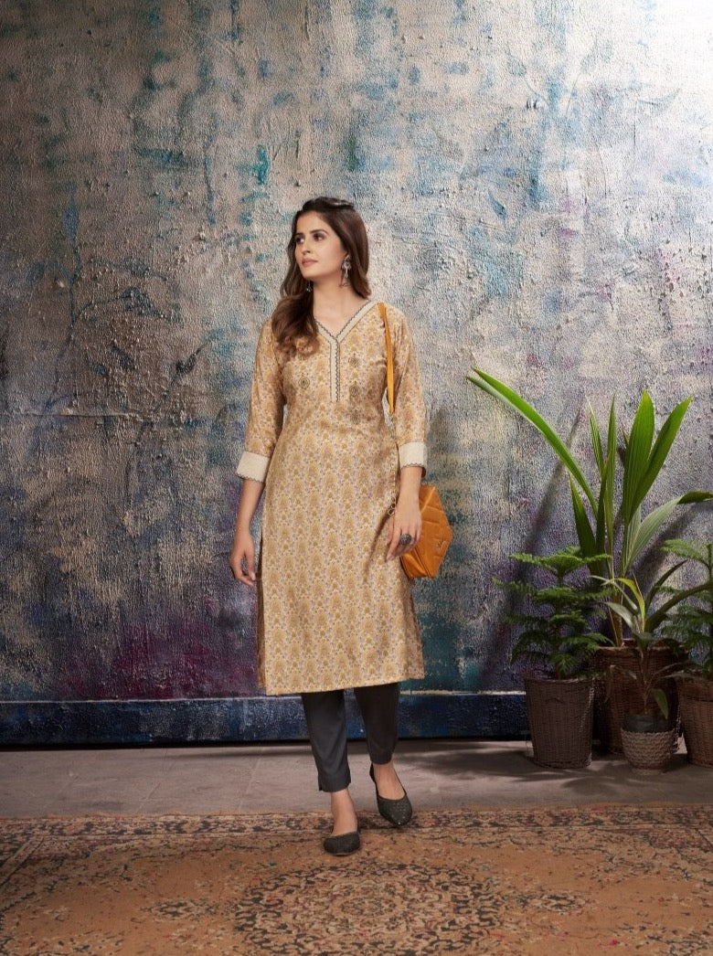 Yellow Chanderi Straight Casual Kurti - Payal