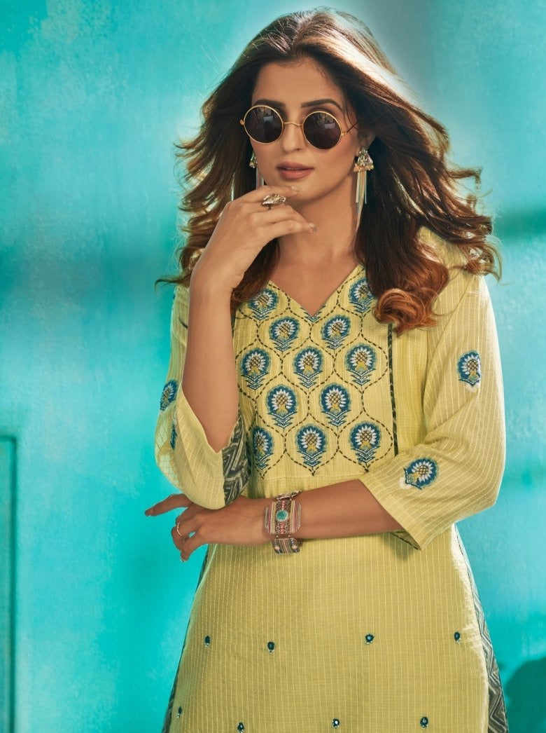 Yellow Cotton A- line Kurta Set - Payal