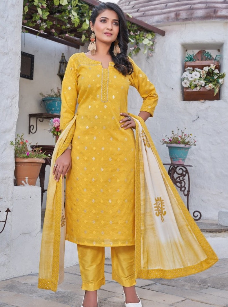 Yellow Cotton Straight Cut Suit Set - Payal
