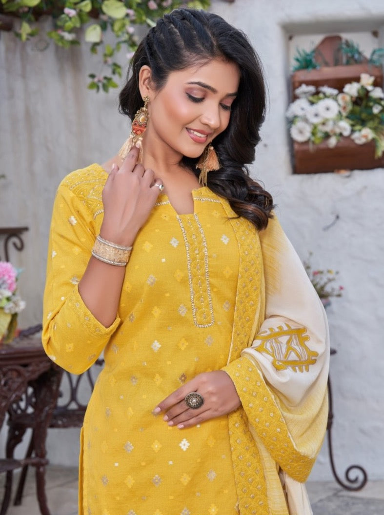Yellow Cotton Straight Cut Suit Set - Payal