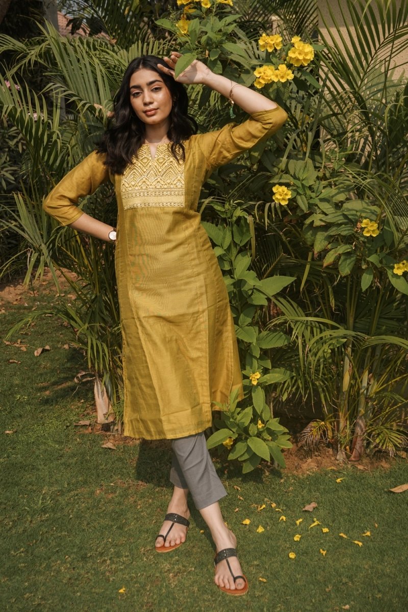 Yellow Embroidered Straight Kurta - Payal