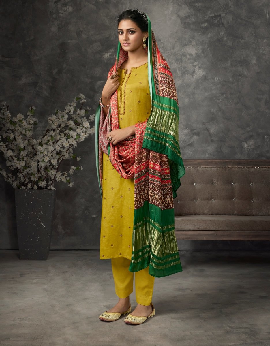 Yellow Linen Satin Straight Suit Set - Payal