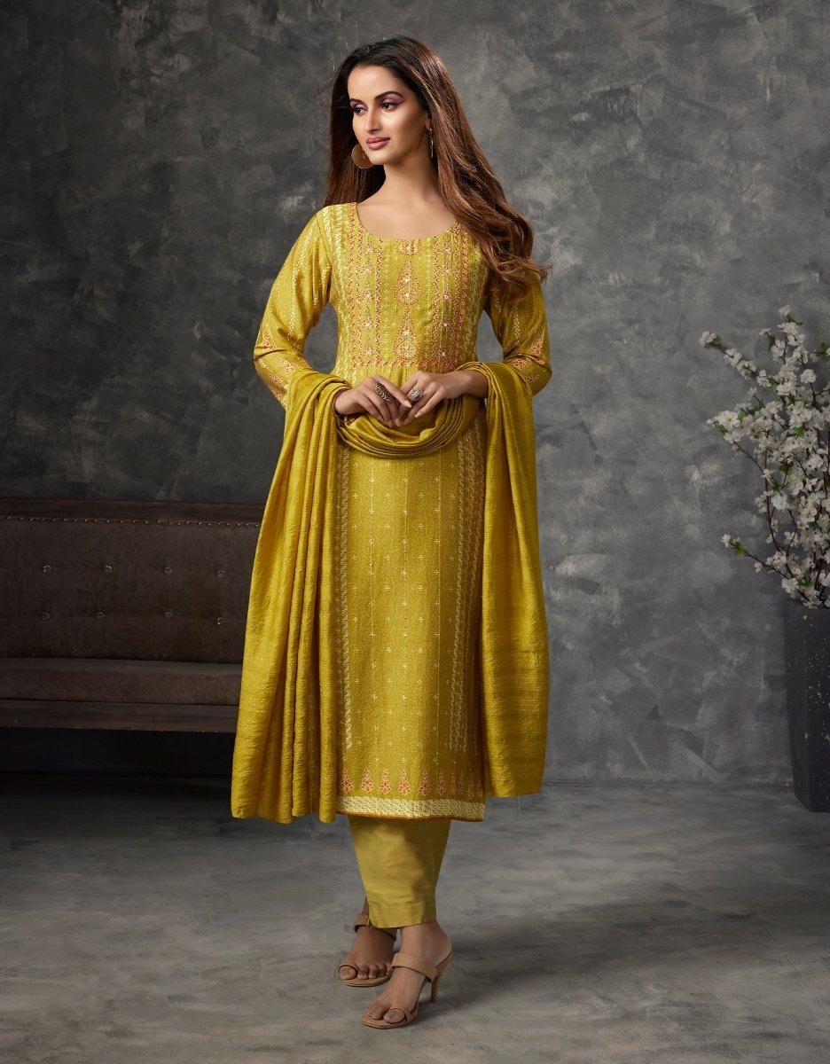 Yellow Muslin Straight Cut Suit Set - Payal