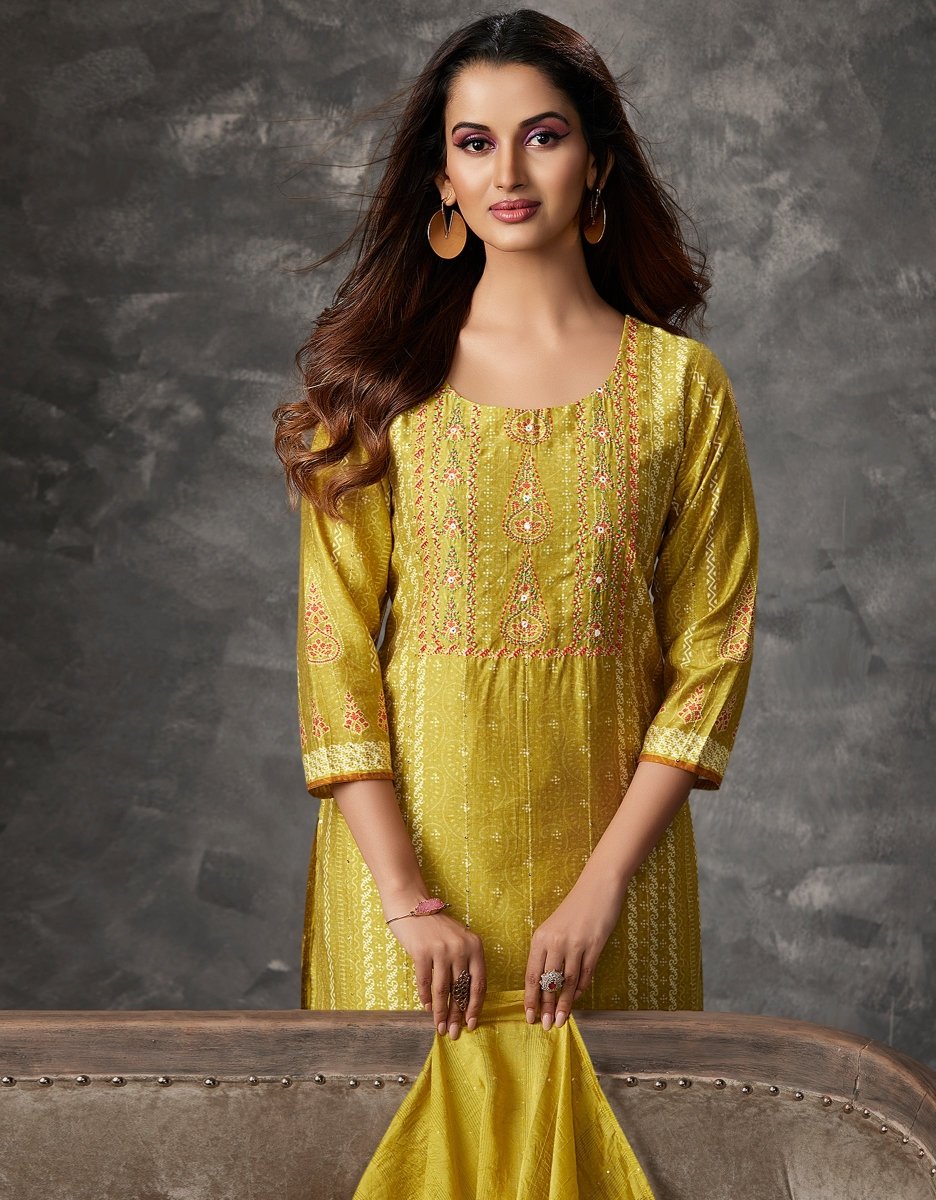 Yellow Muslin Straight Cut Suit Set - Payal