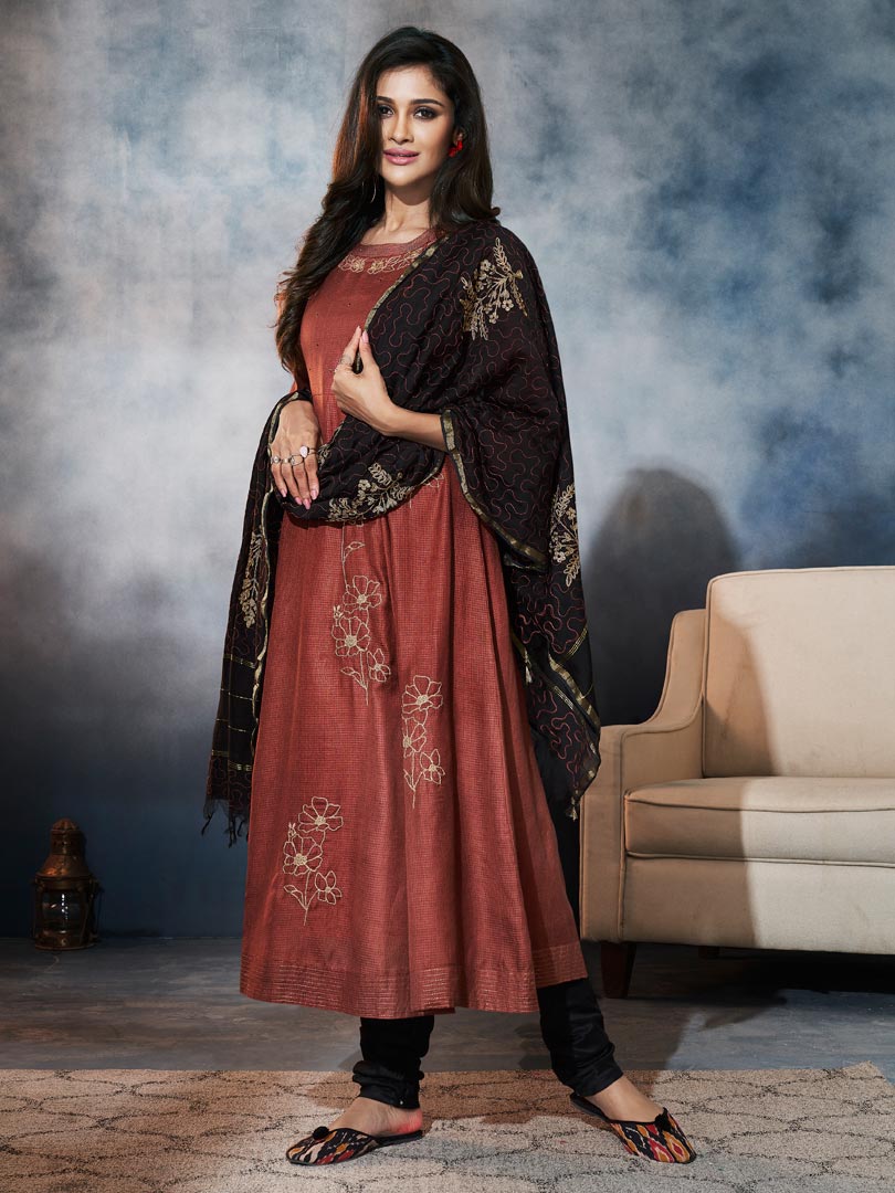 Maroon Flared Suit with Kasab Elegance