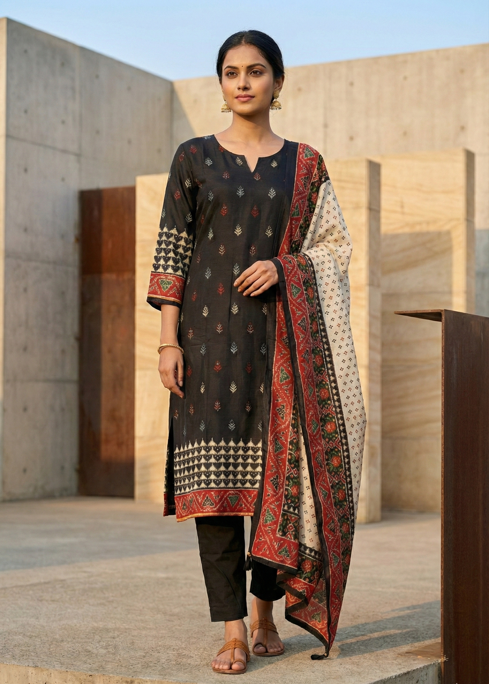 Black Cotton Straight Suit Set