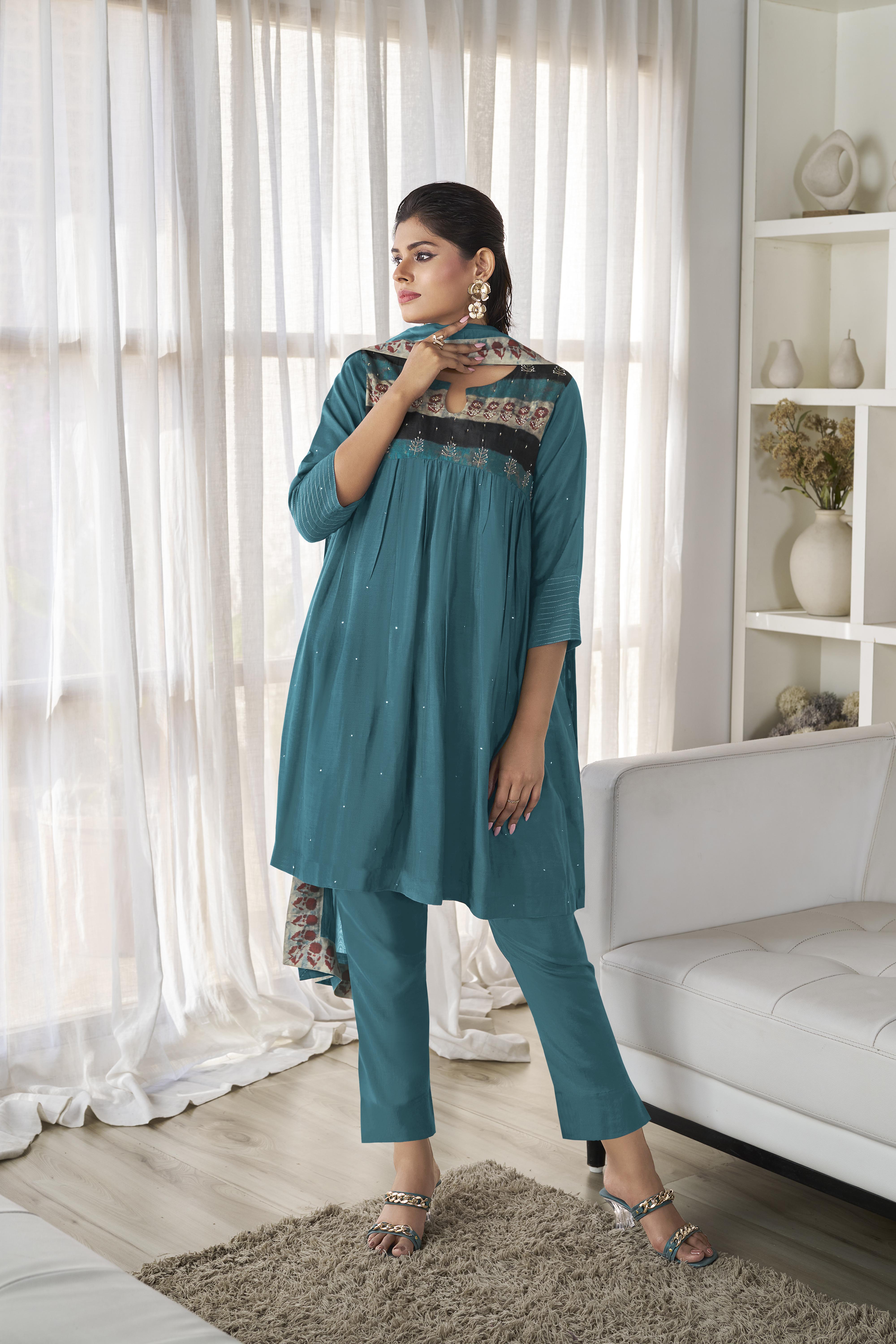 Rama Blue Muslin Salwar Suit Set