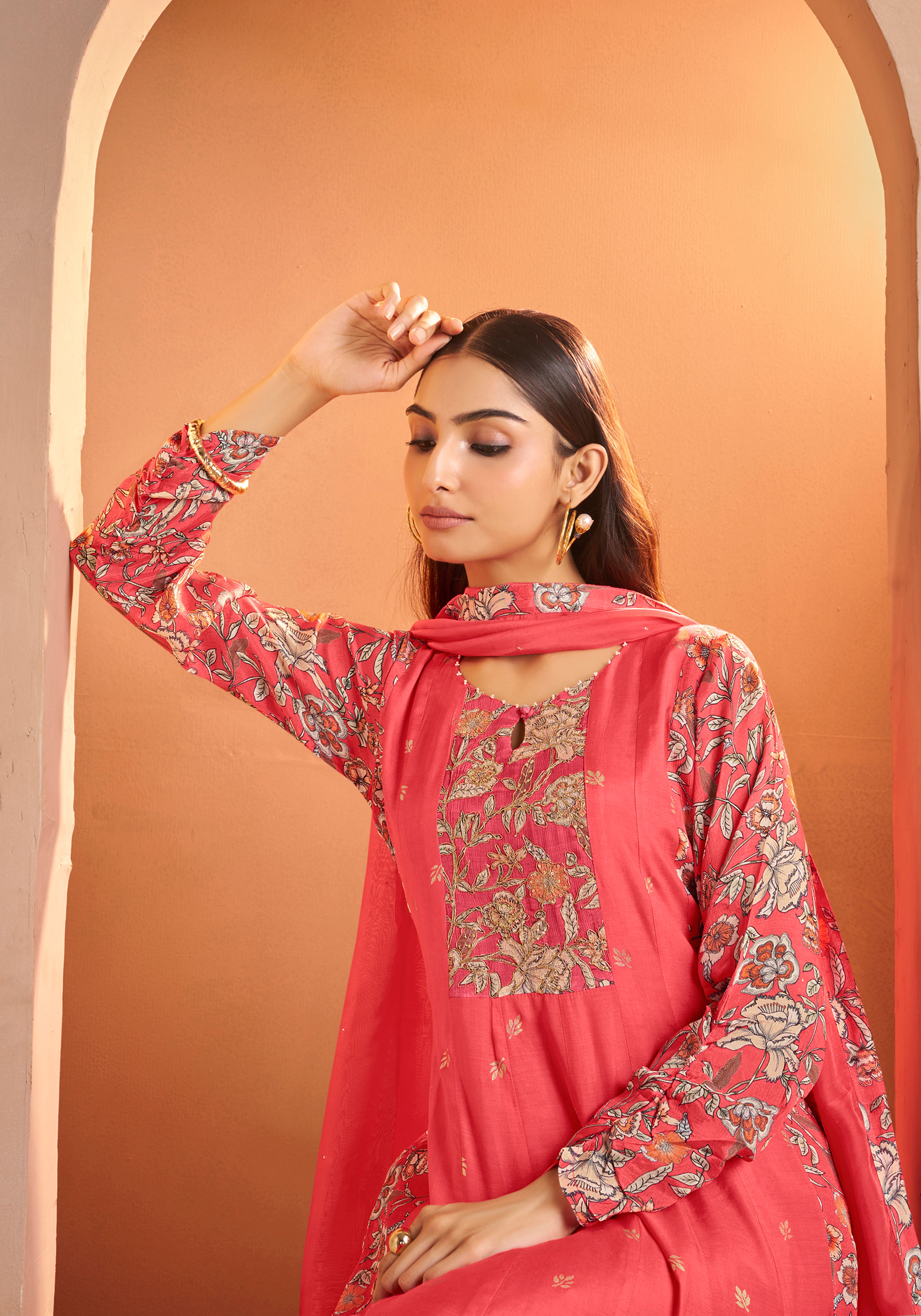 Elegant Peach Silk Anarkali Salwar Suit