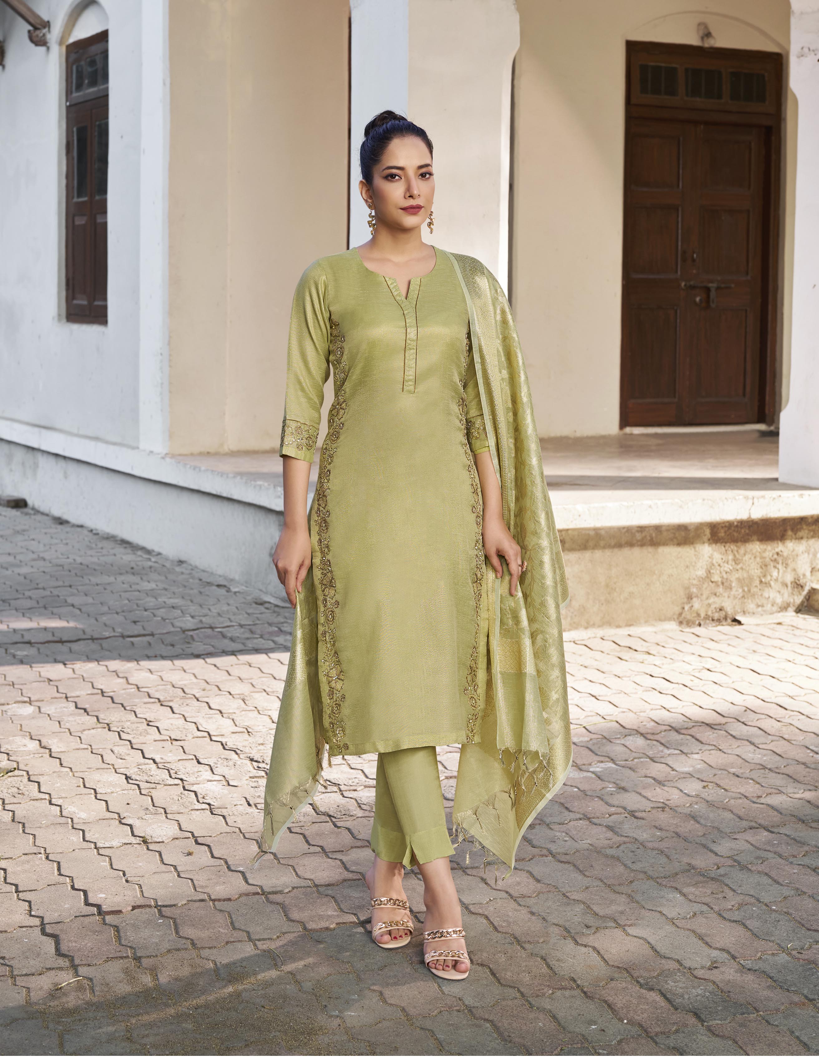 Green Poly Cotton A-line Salwar Suit Set