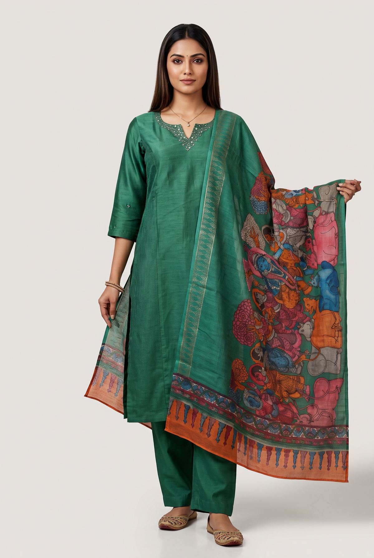 Green Silk Cotton Straight Suit Set