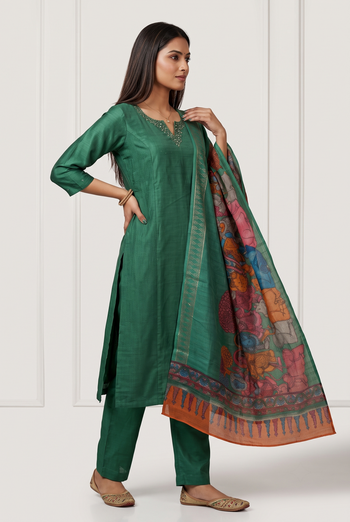 Green Silk Cotton Straight Suit Set