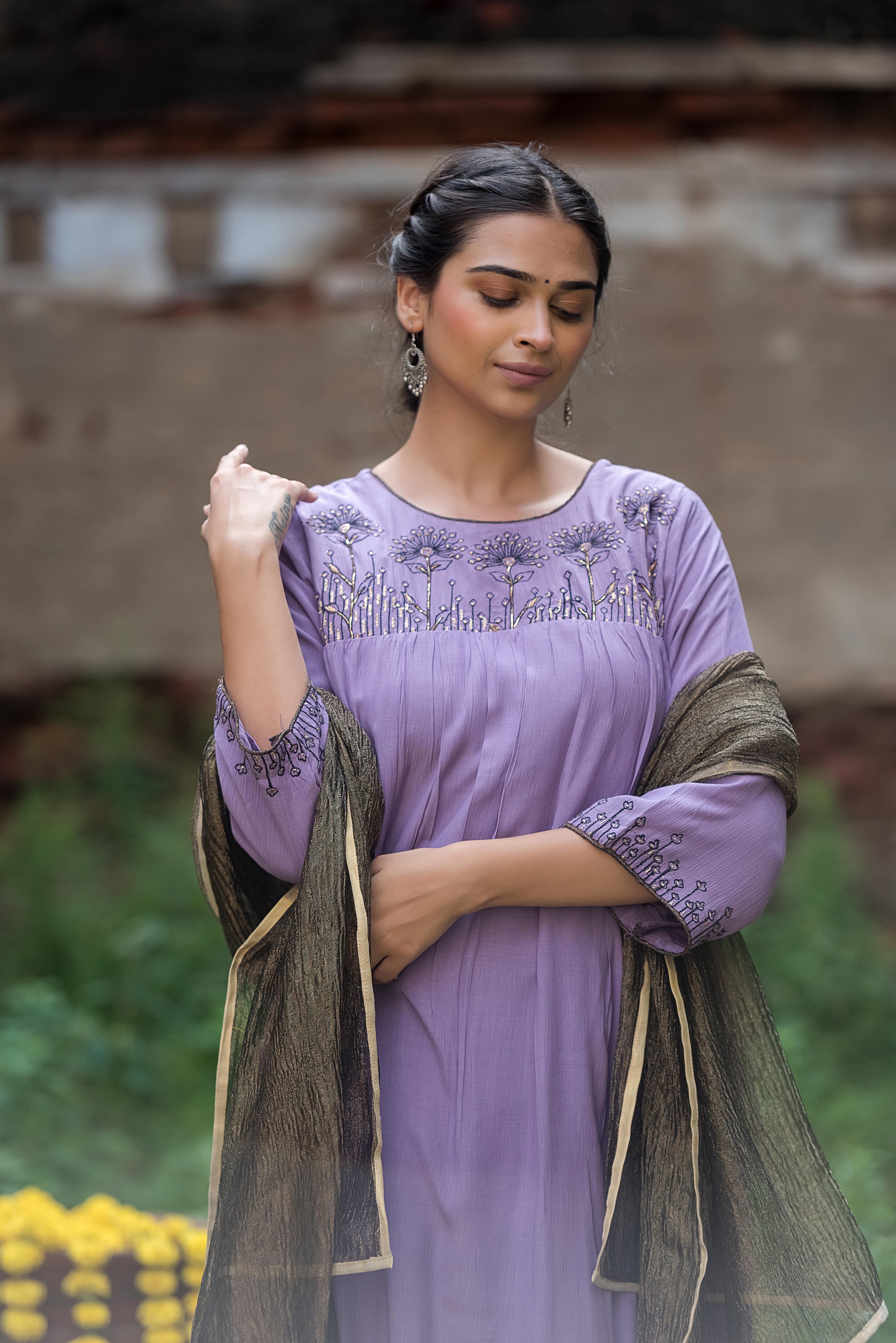 Purple Silk A- line Salwar Suit