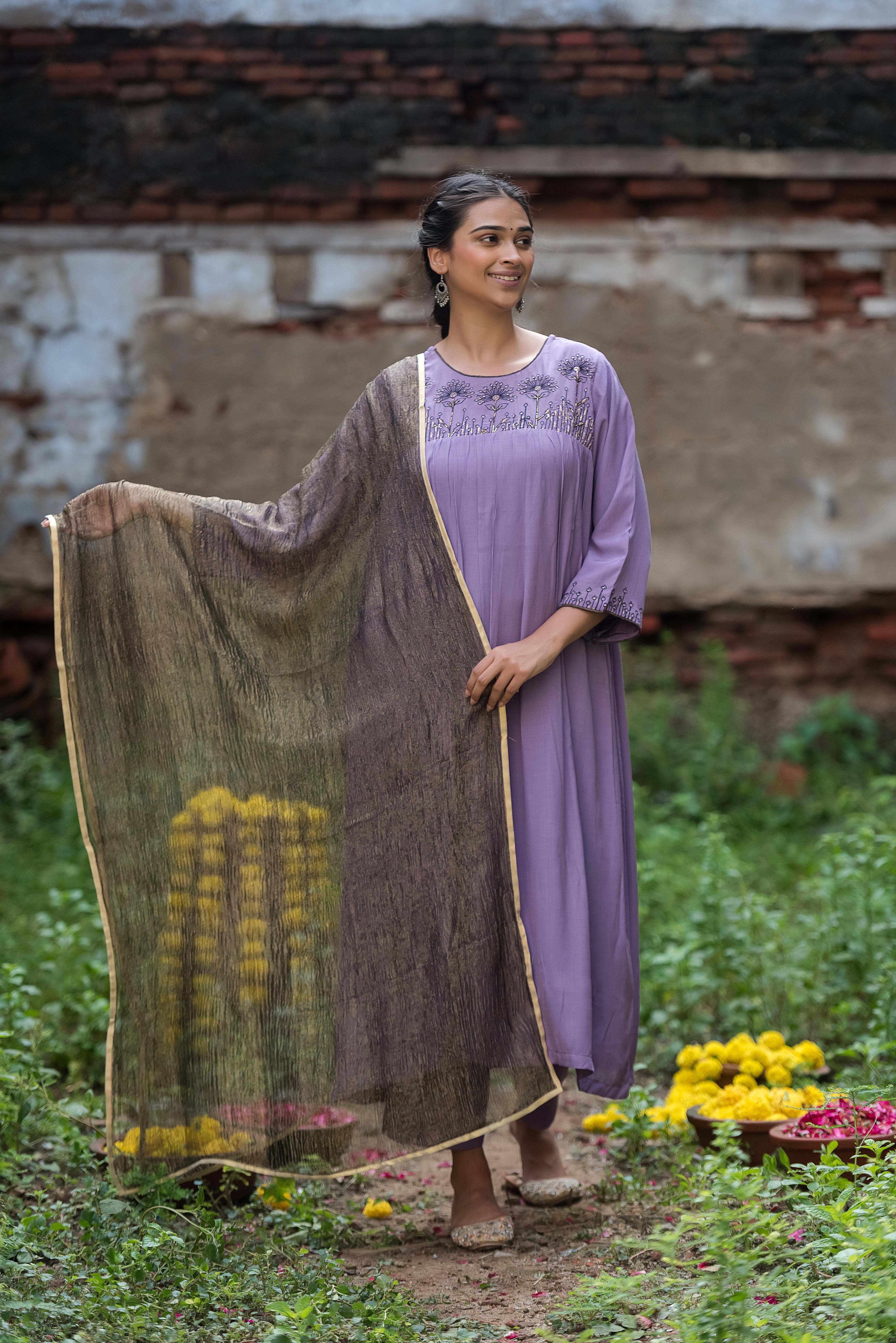 Purple Silk A- line Salwar Suit