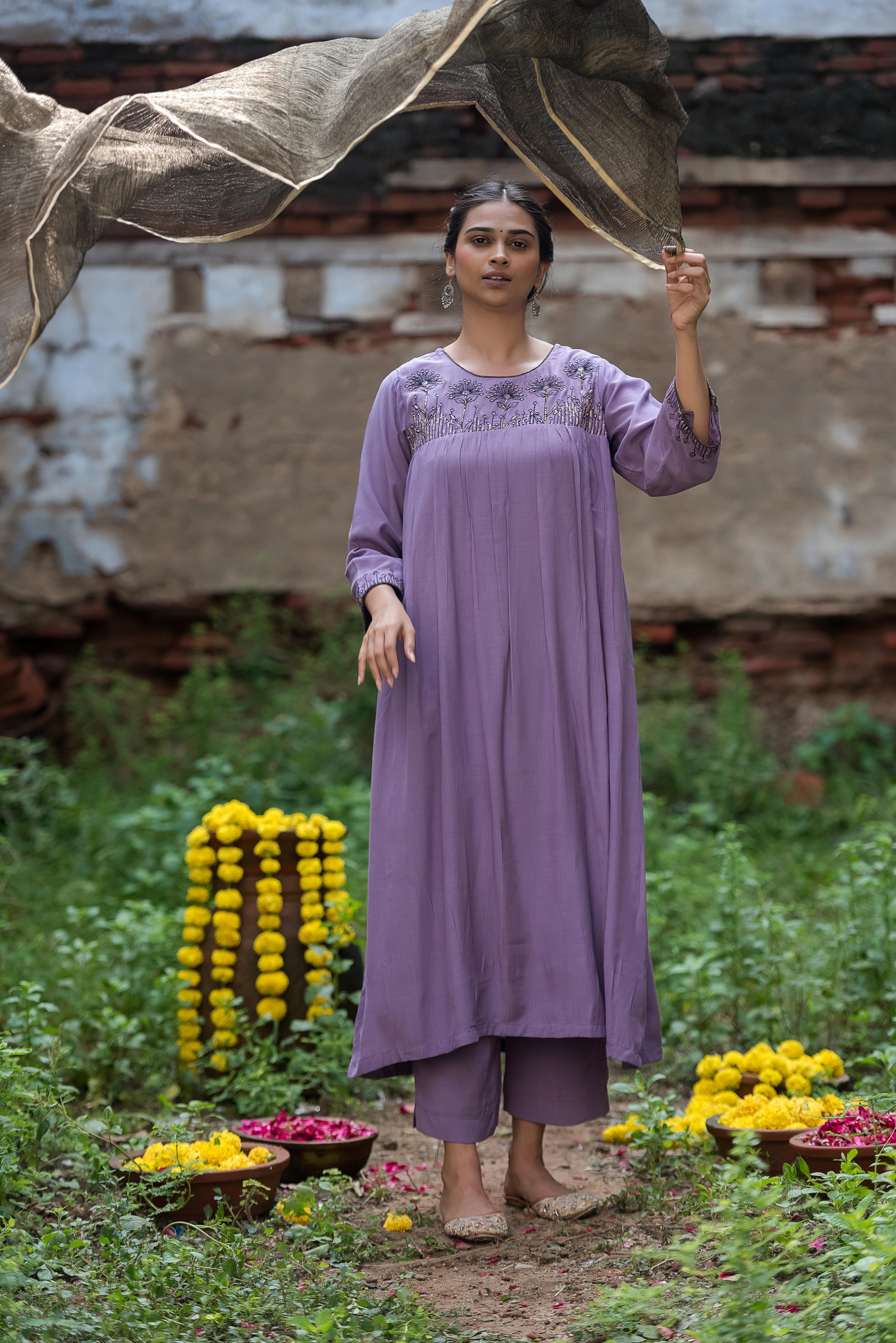 Purple Silk A- line Salwar Suit