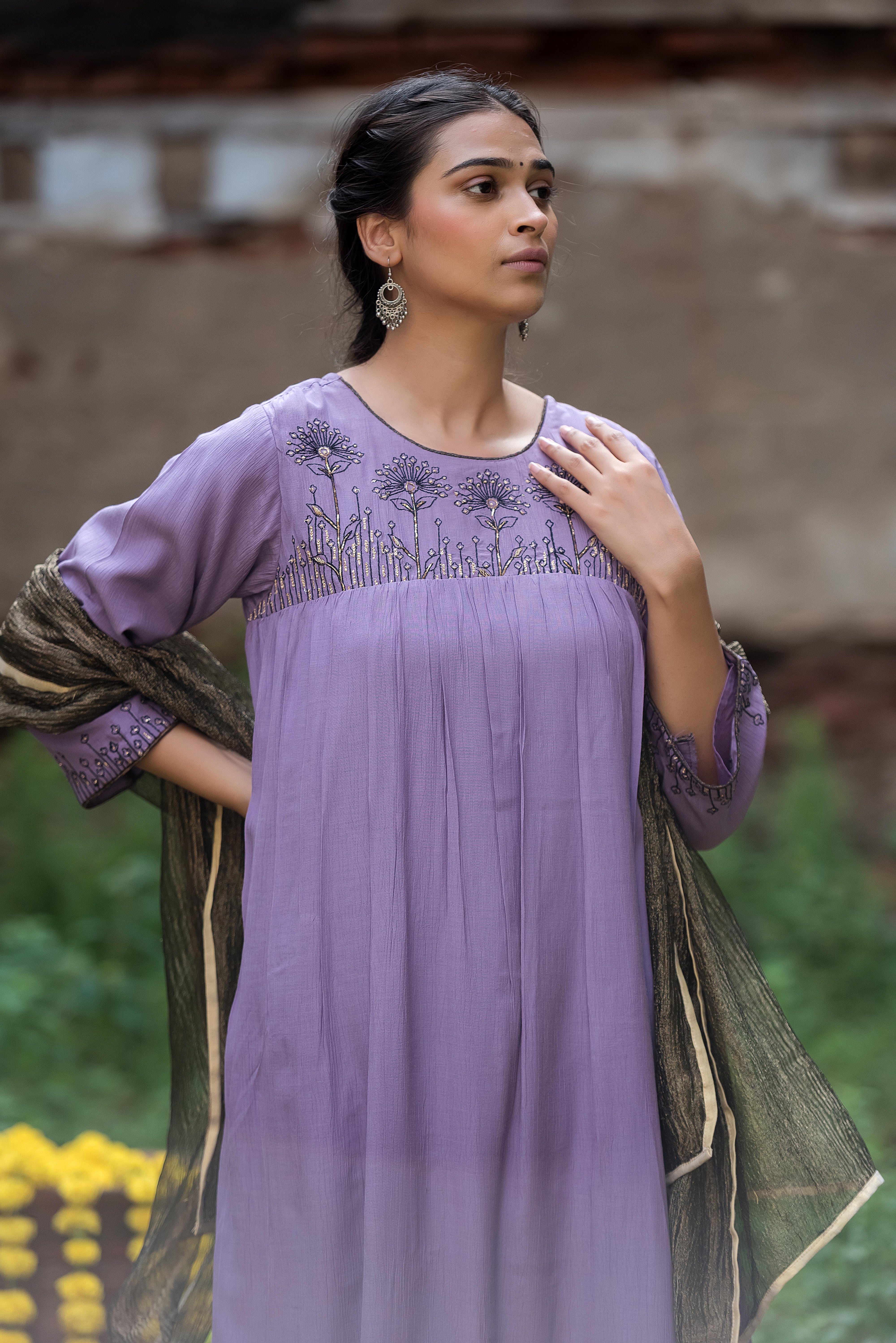 Purple Silk A- line Salwar Suit