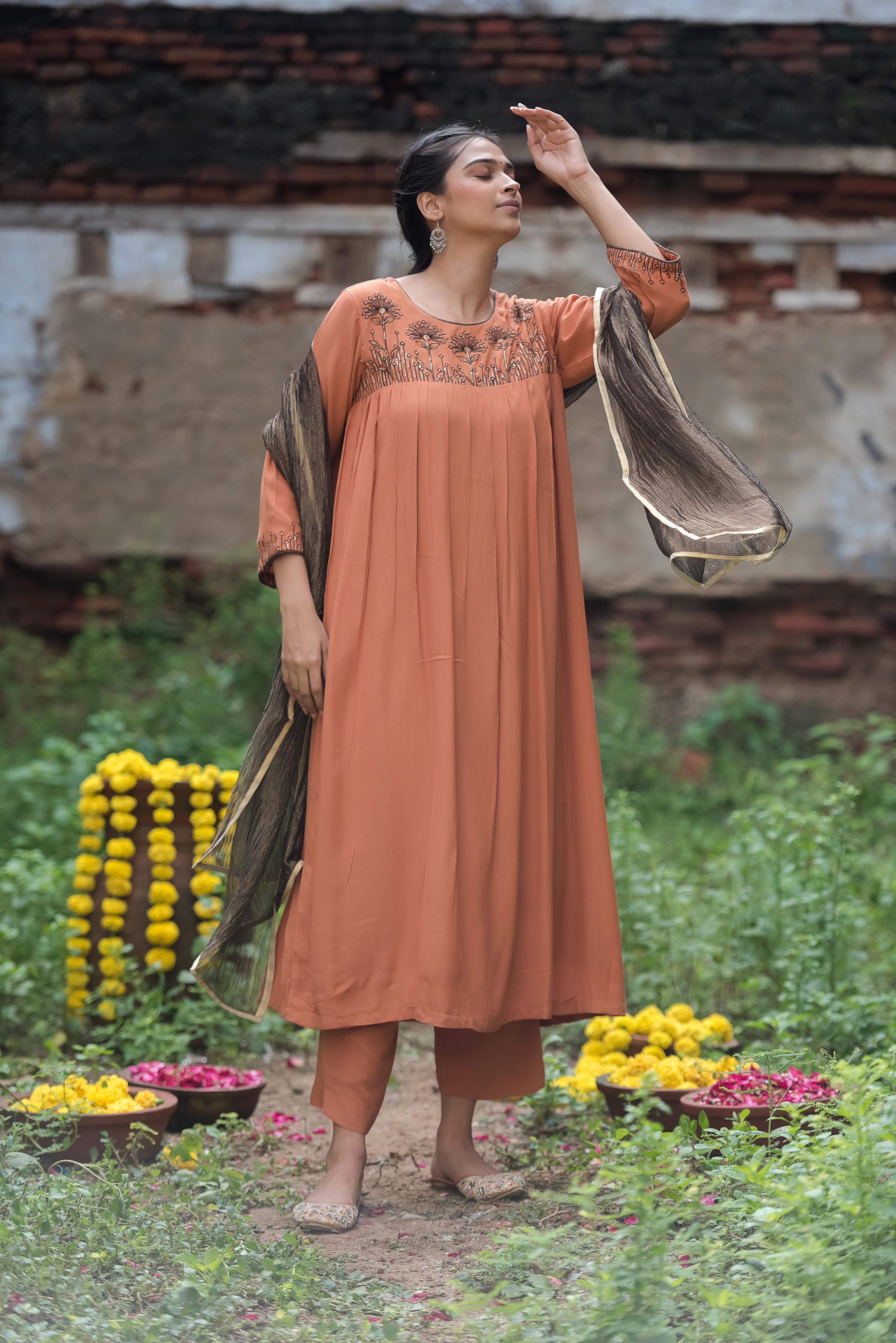 Rust Silk Aline Salwar Suit