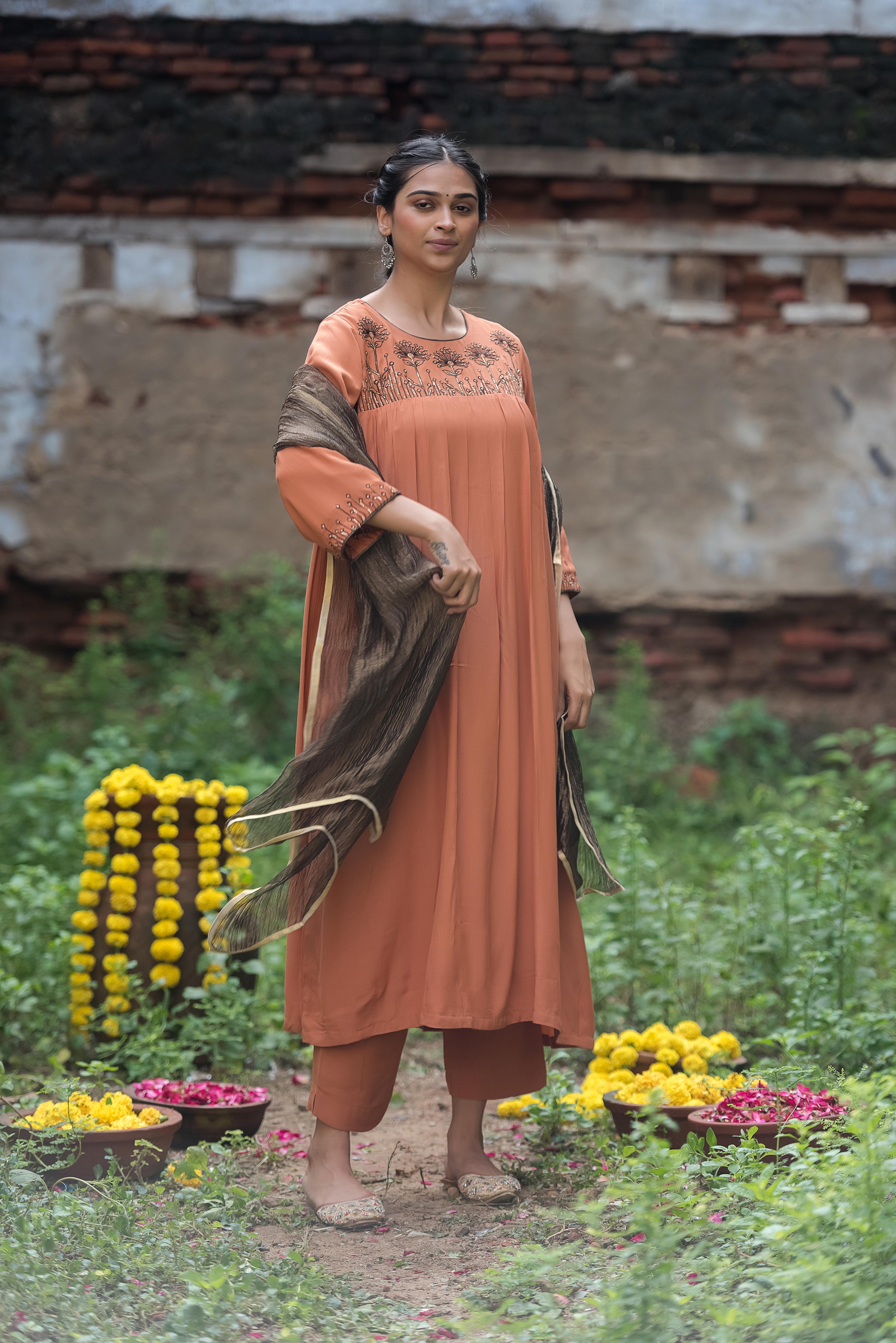 Rust Silk Aline Salwar Suit