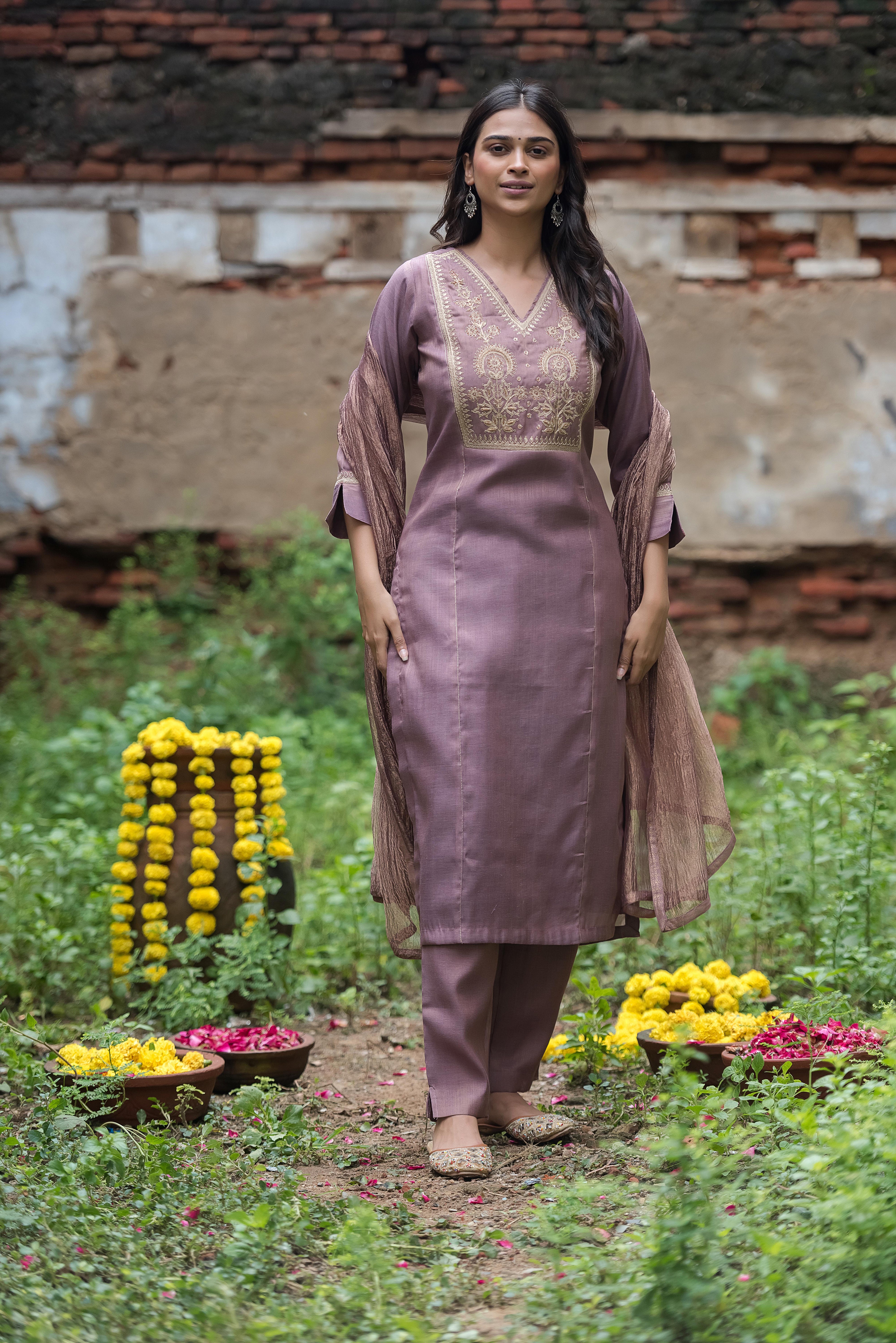 Onion Salwar Suit with Intricate Co-Embroidery