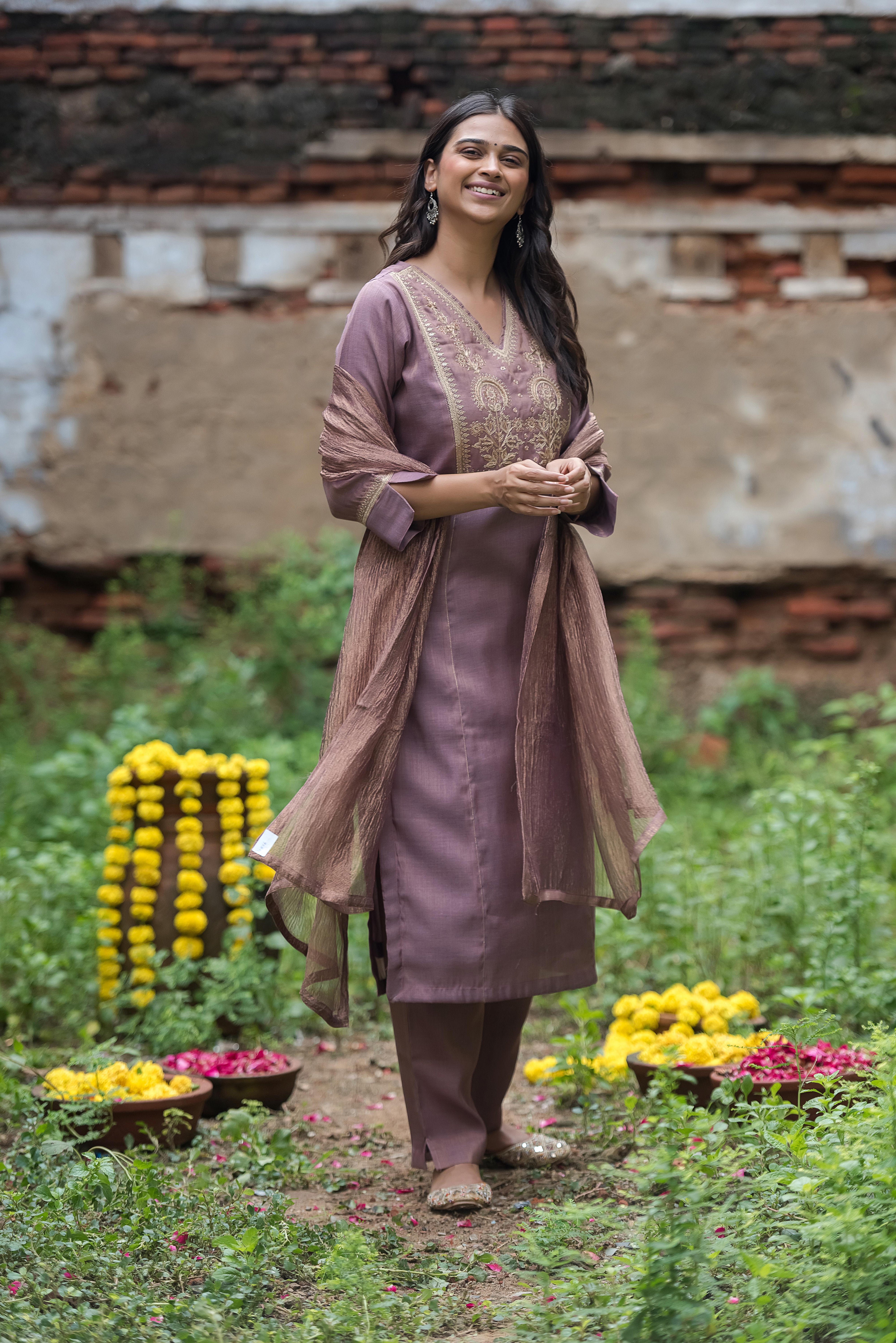Onion Salwar Suit with Intricate Co-Embroidery