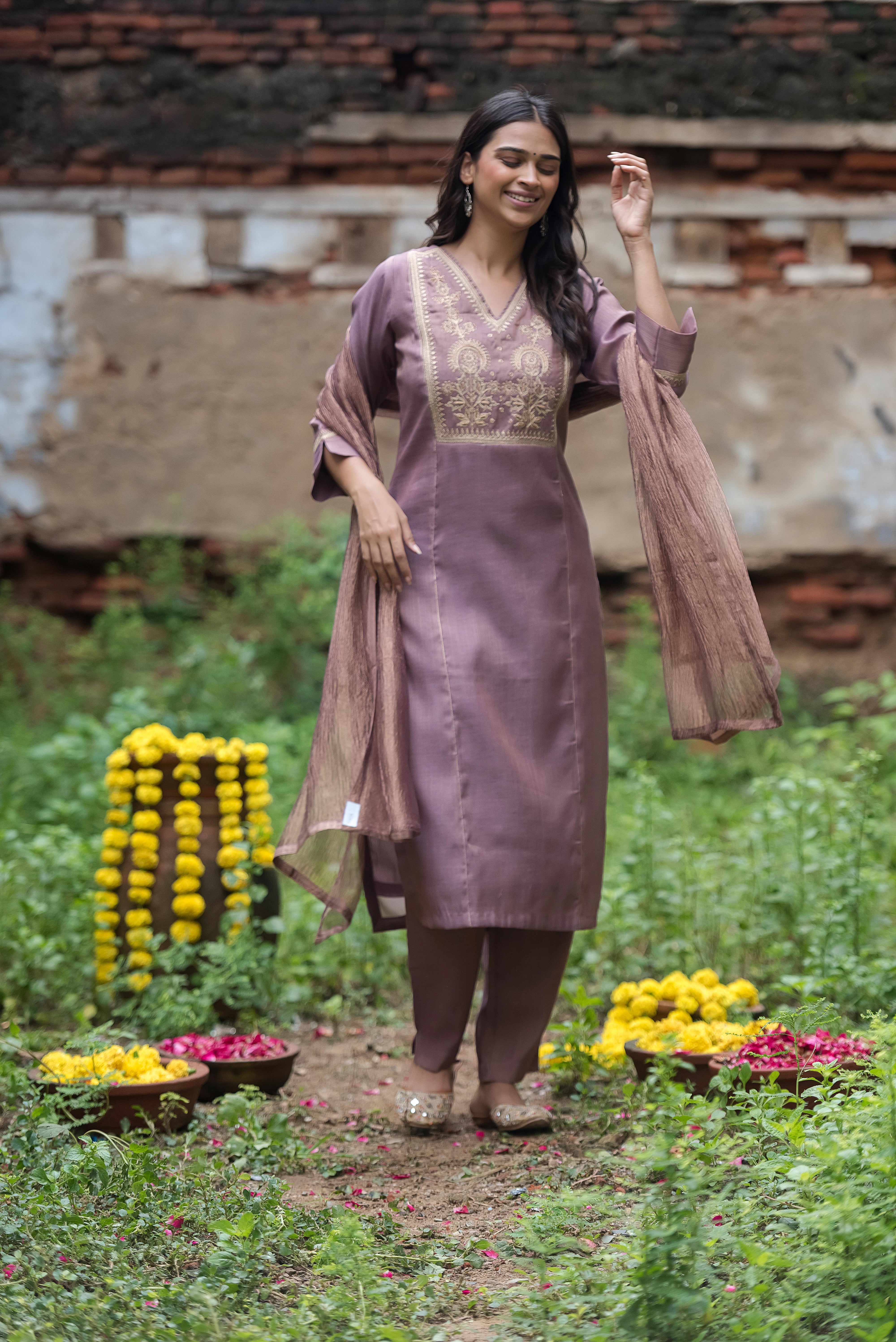 Onion Salwar Suit with Intricate Co-Embroidery