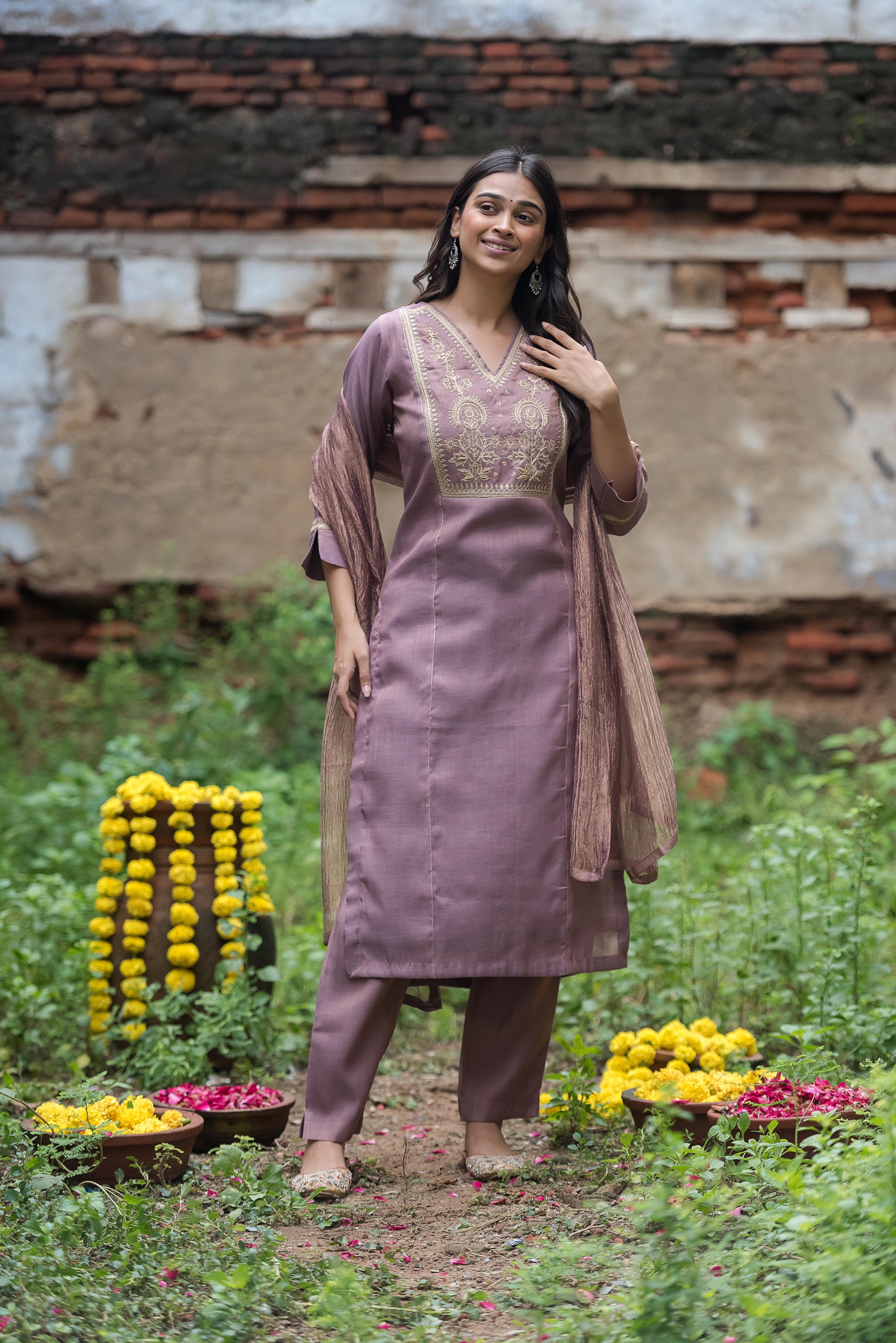 Onion Salwar Suit with Intricate Co-Embroidery