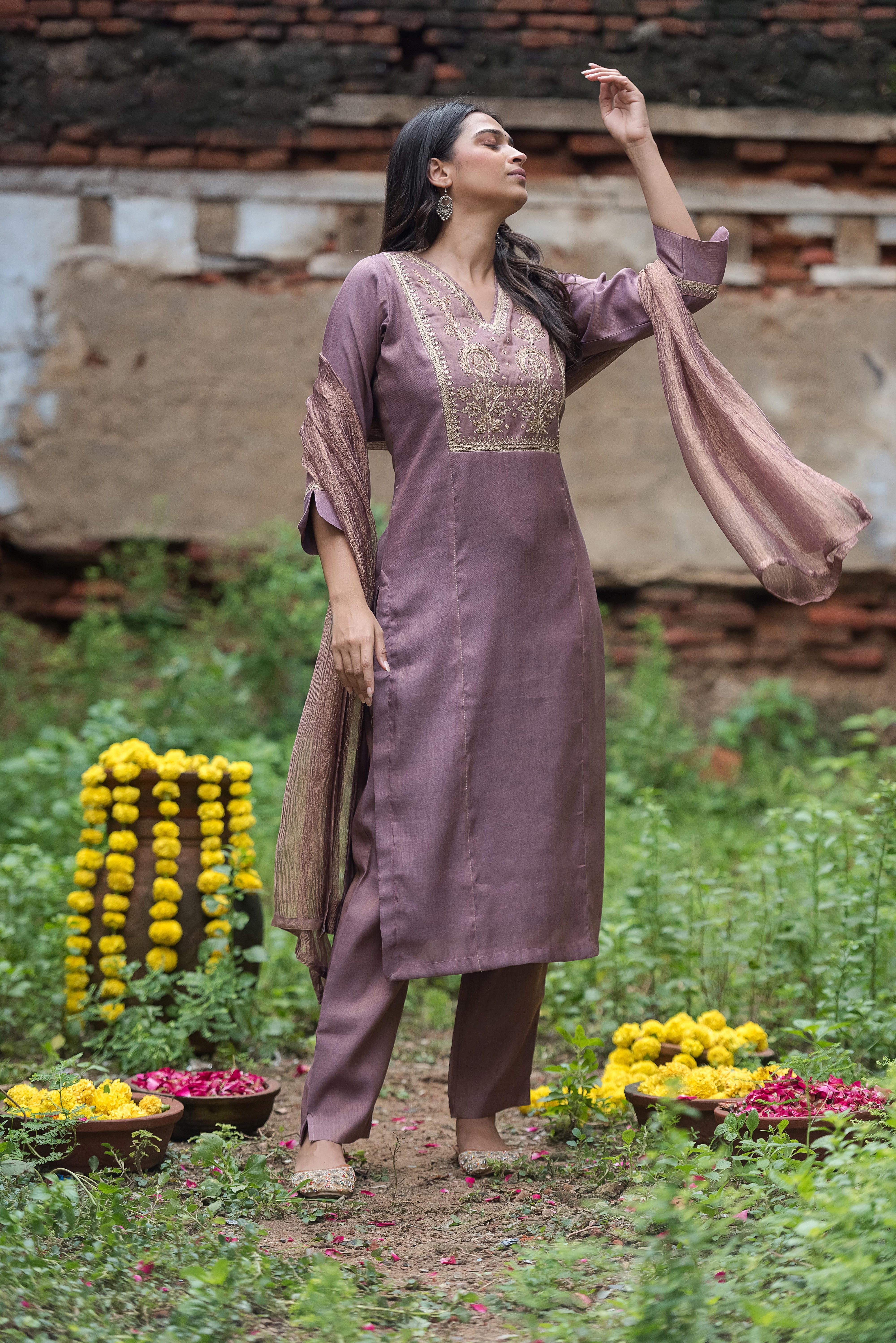 Onion Salwar Suit with Intricate Co-Embroidery