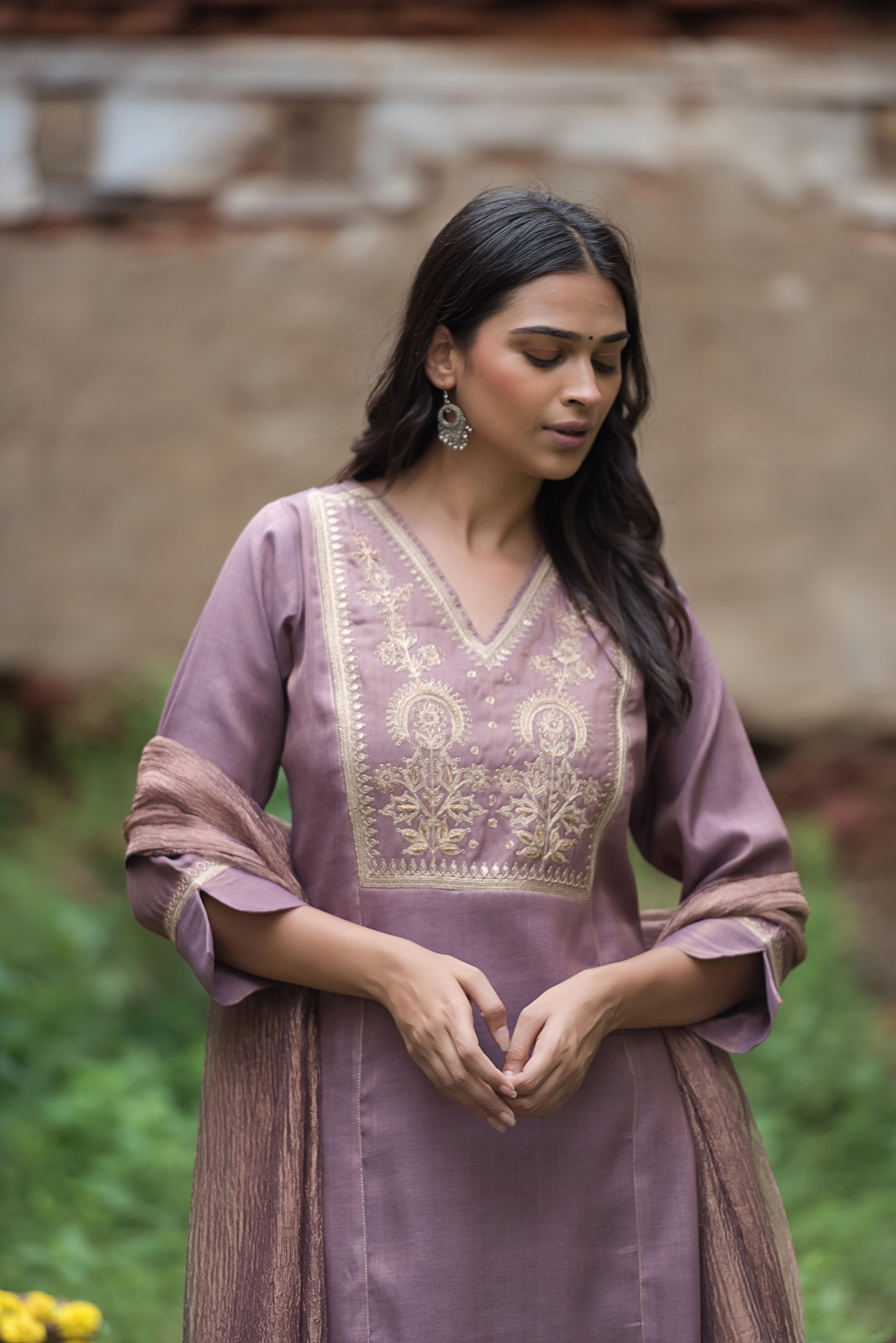 Onion Salwar Suit with Intricate Co-Embroidery
