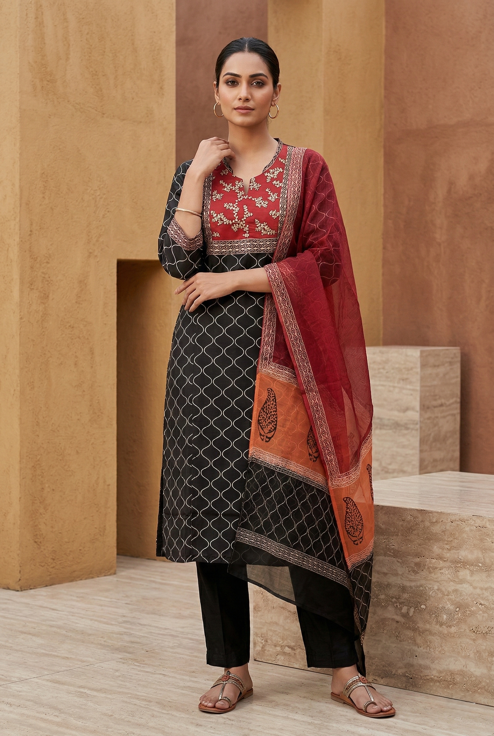 Black Chanderi Straight Suit Set