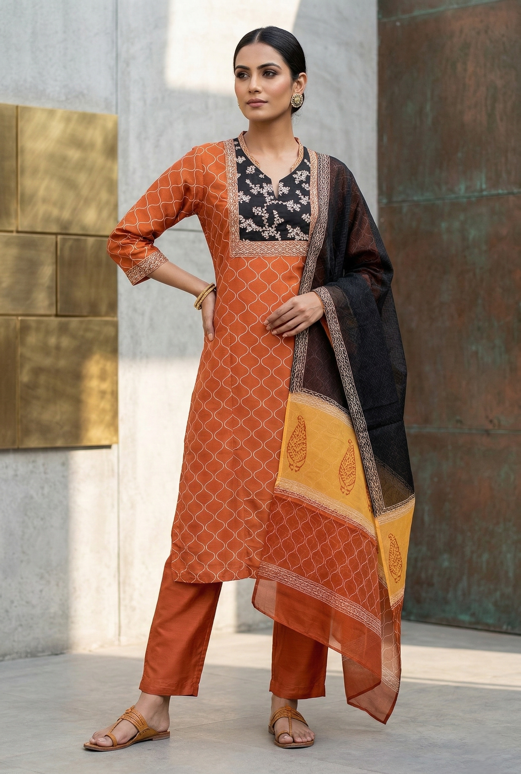 Mustered Chanderi Straight Suit Set