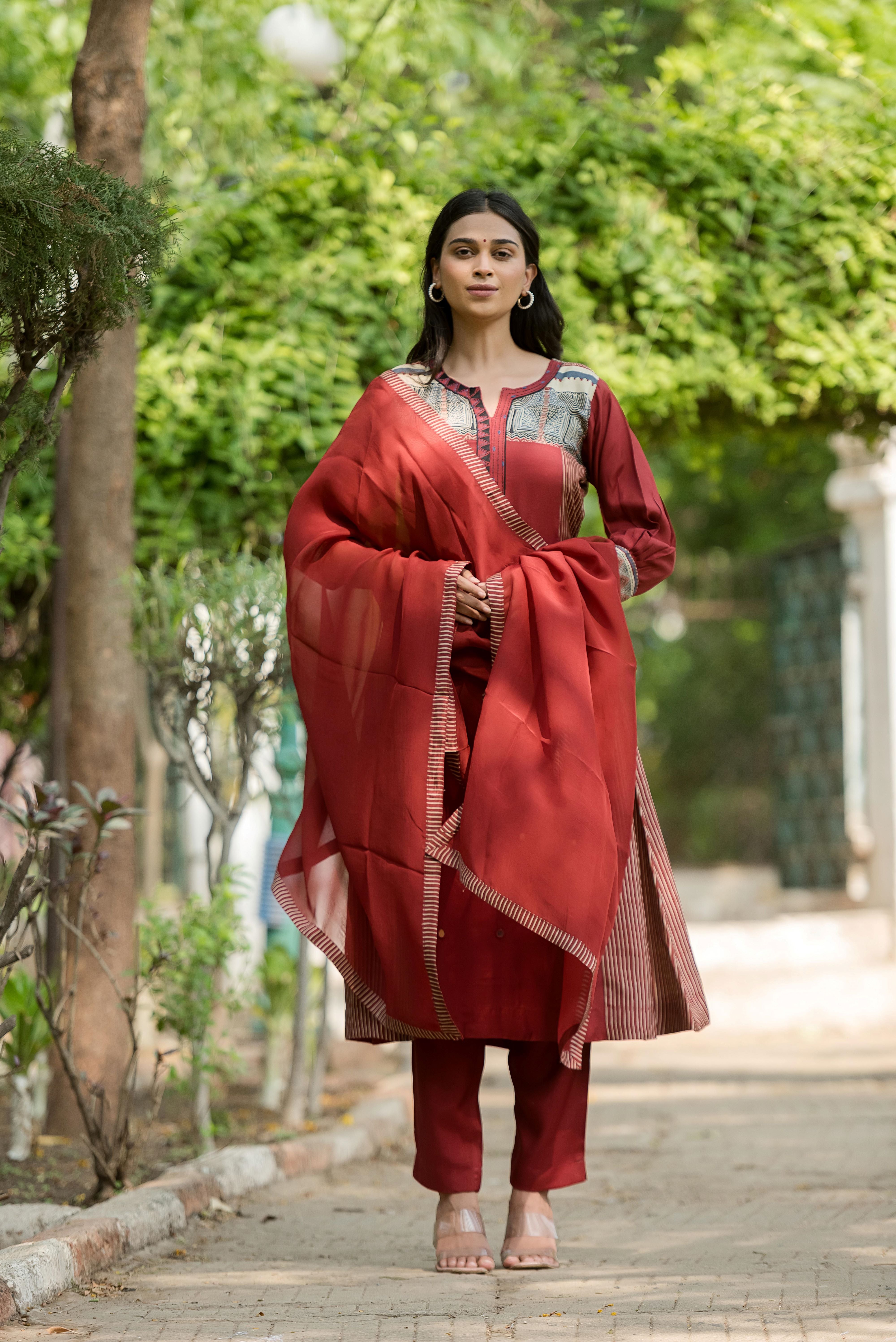 Rust Muslin  A-line Salwar Suit