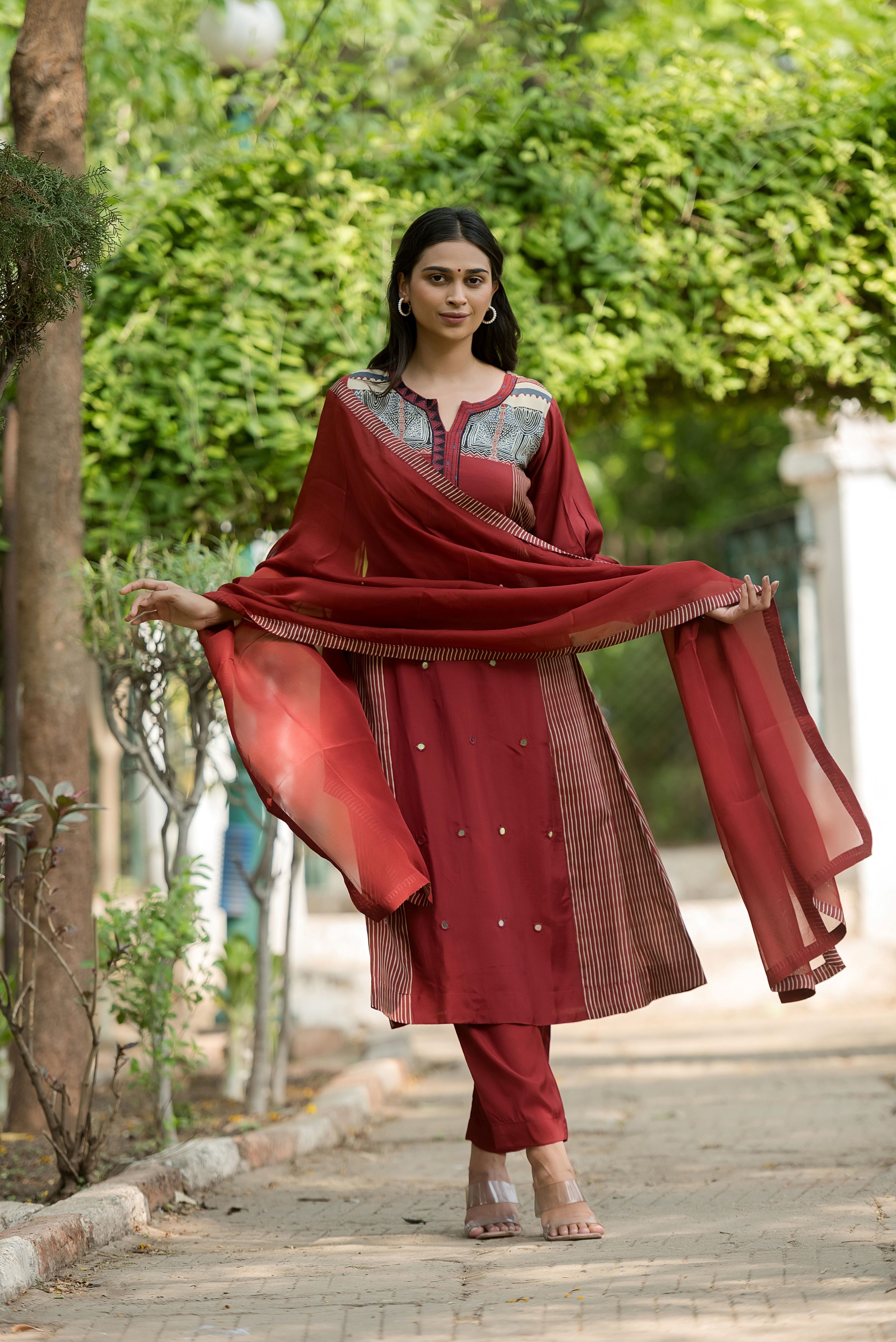 Rust Muslin  A-line Salwar Suit