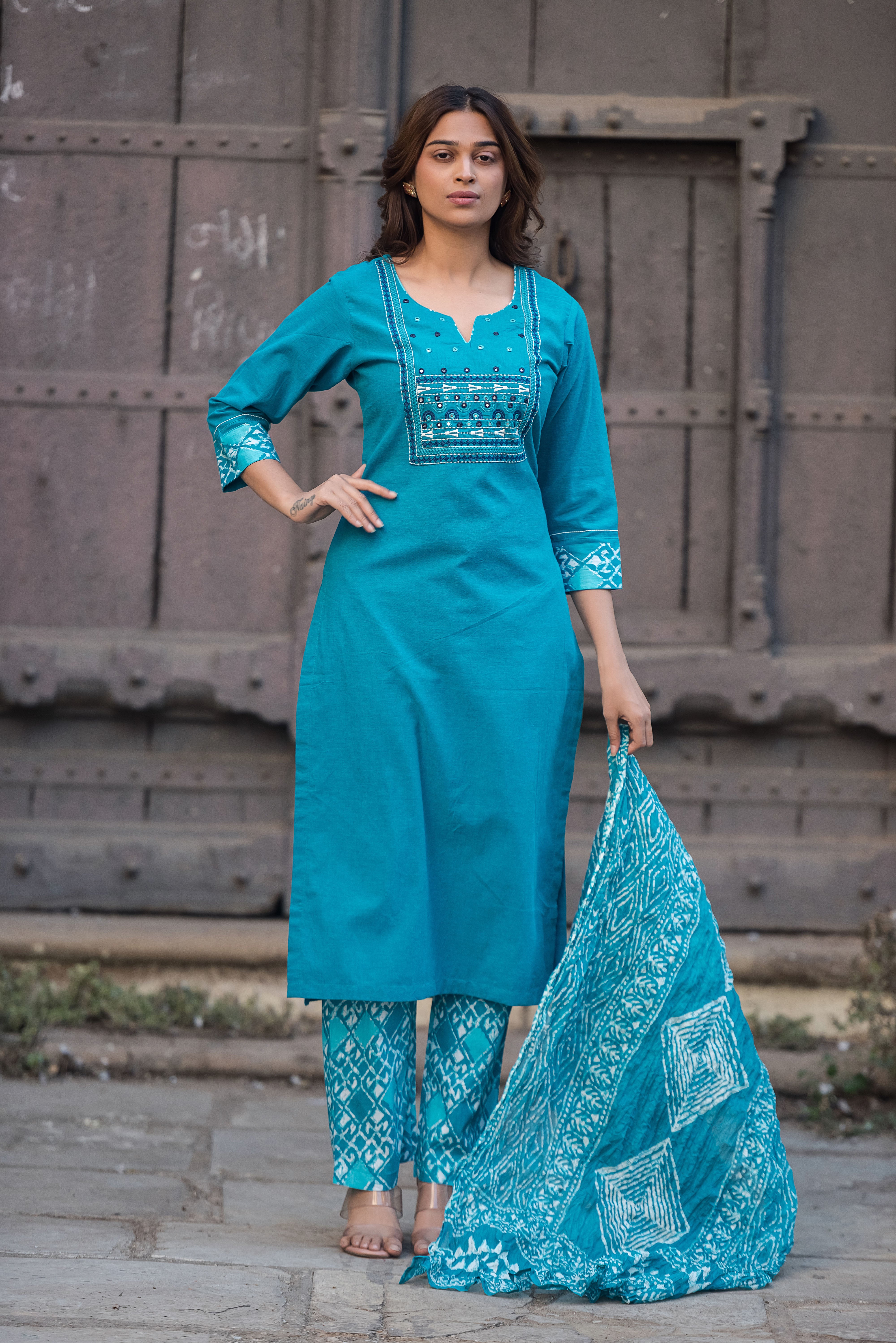 Blue Straight South Cotton Suit Set