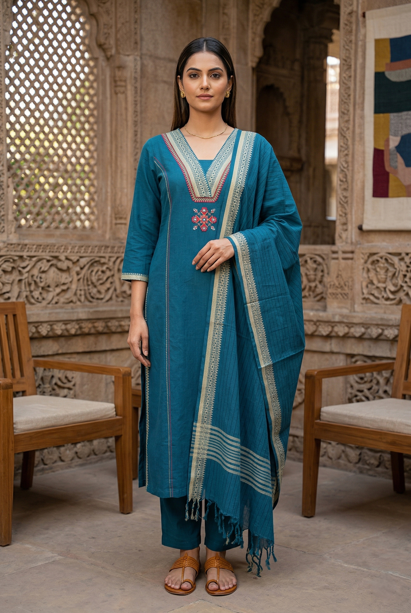 Blue Straight Cotton Suit Set