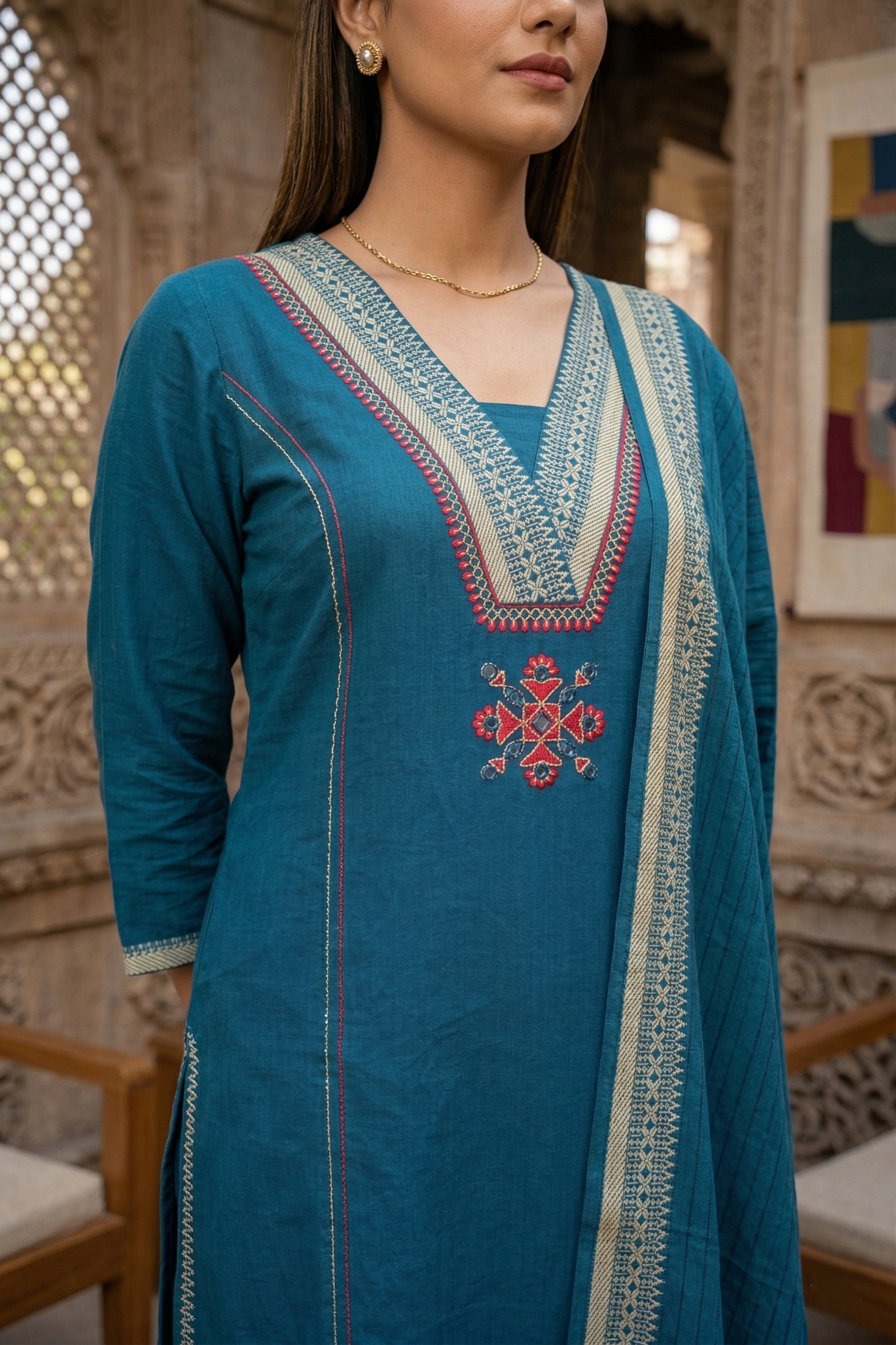 Blue Straight Cotton Suit Set