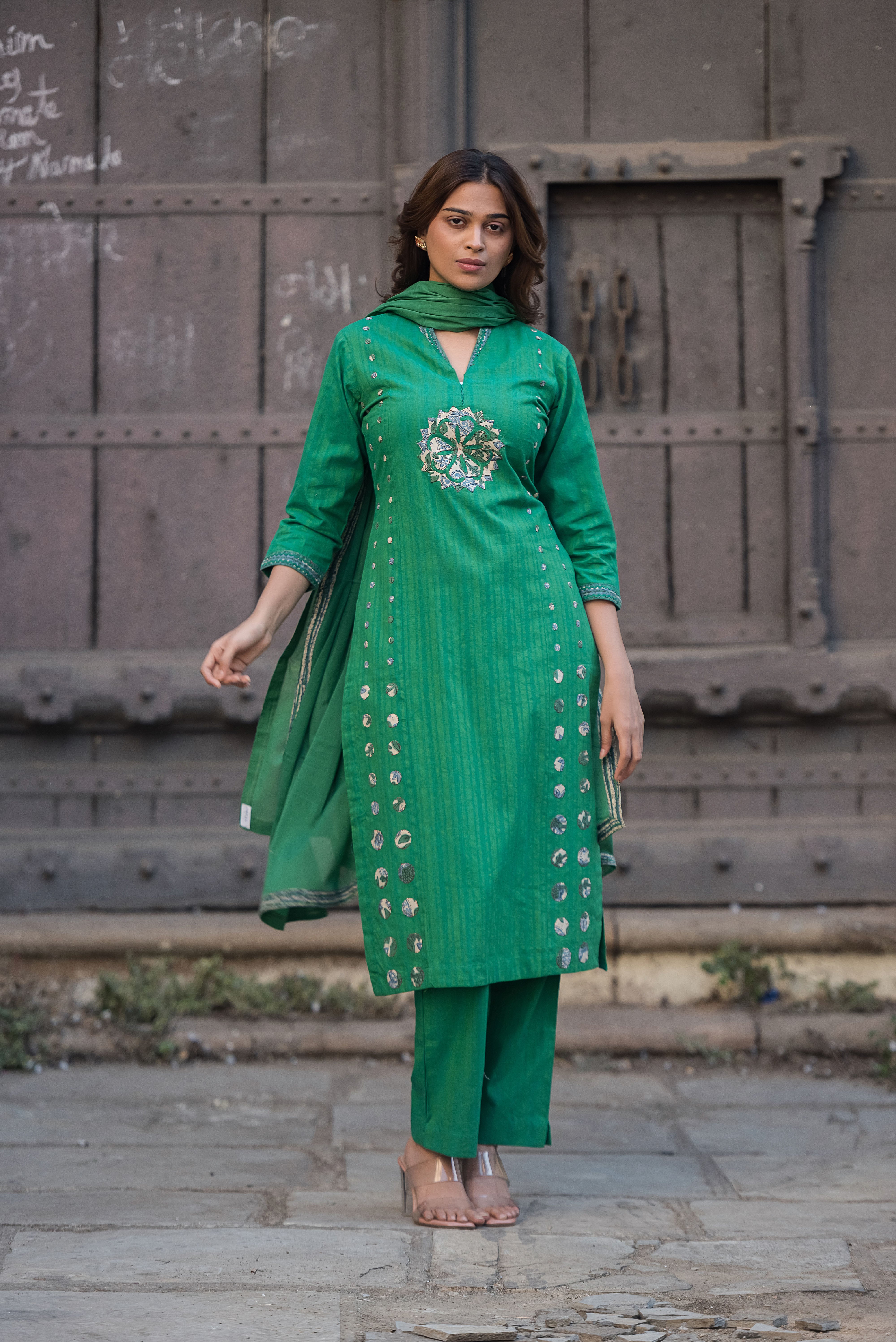 Green Straight Cotton Salwar Suit Set