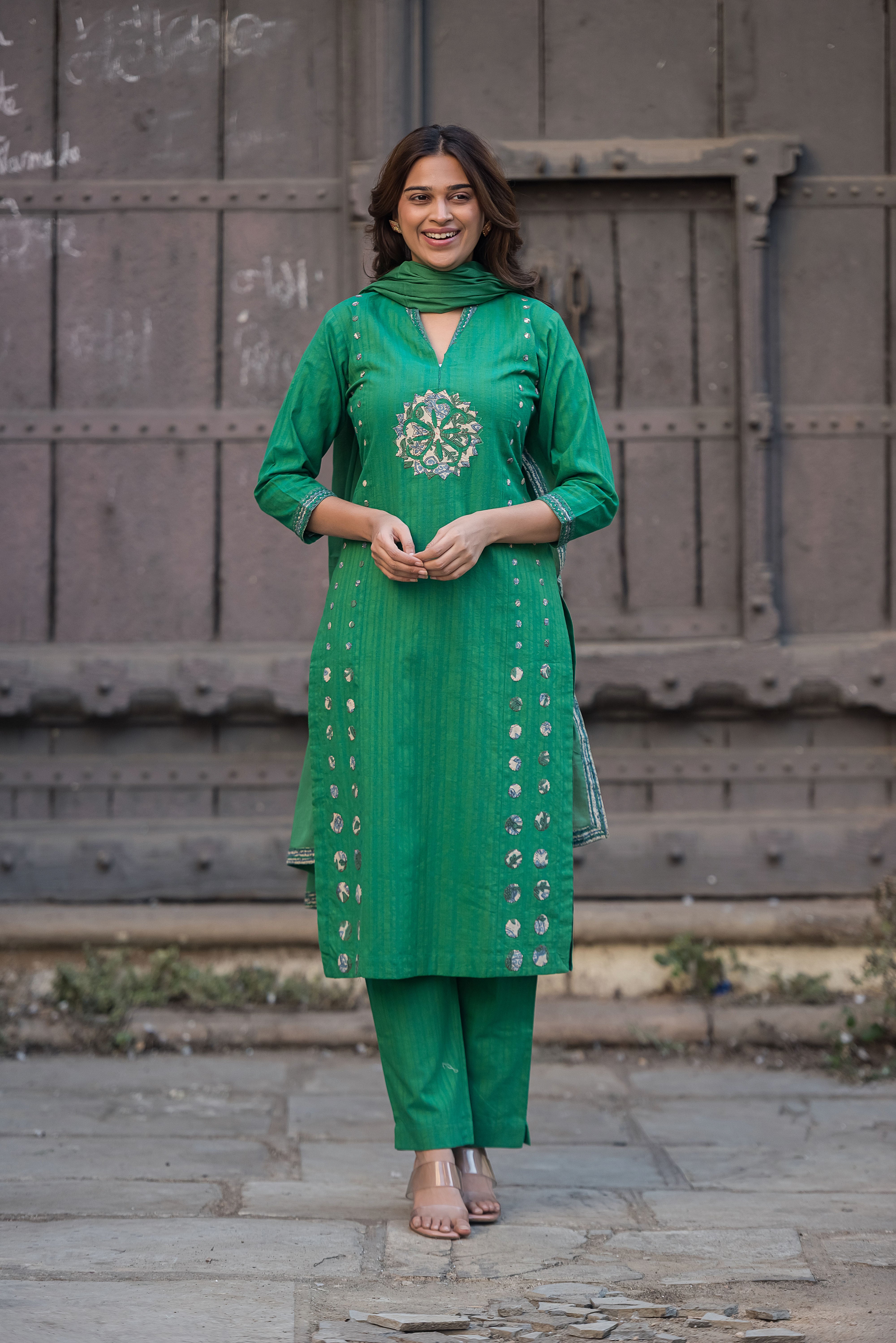 Green Straight Cotton Salwar Suit Set