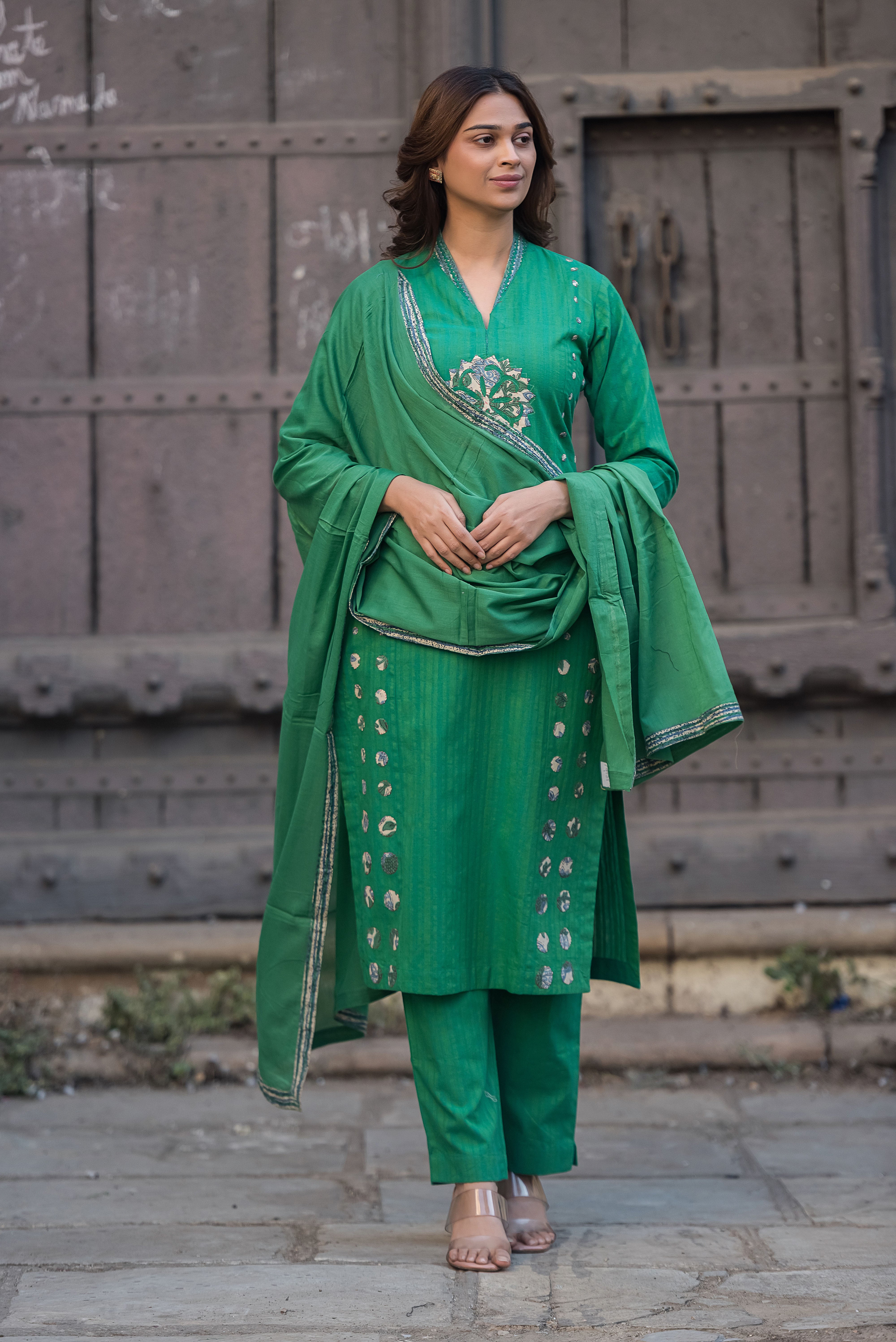 Green Straight Cotton Salwar Suit Set