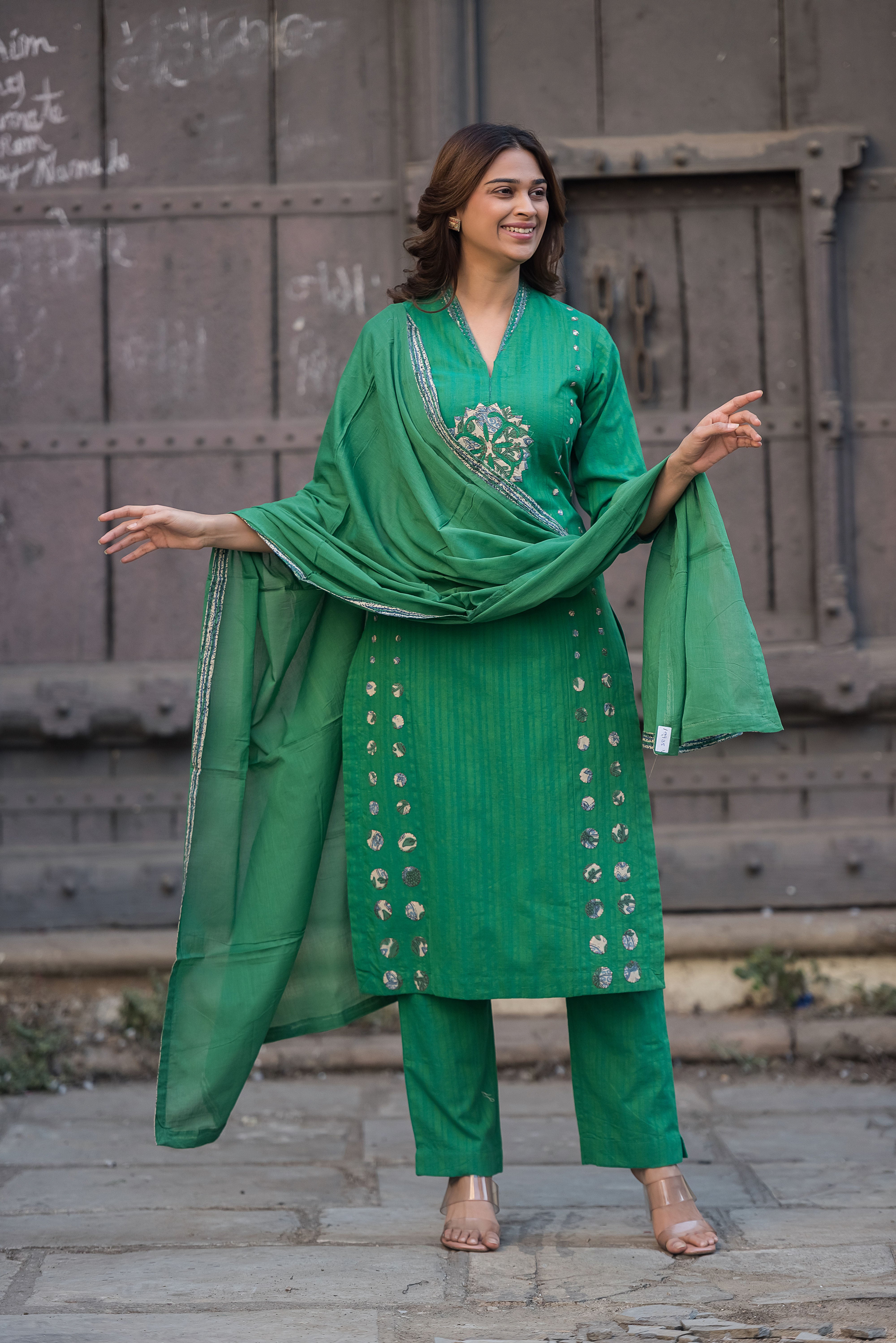 Green Straight Cotton Salwar Suit Set