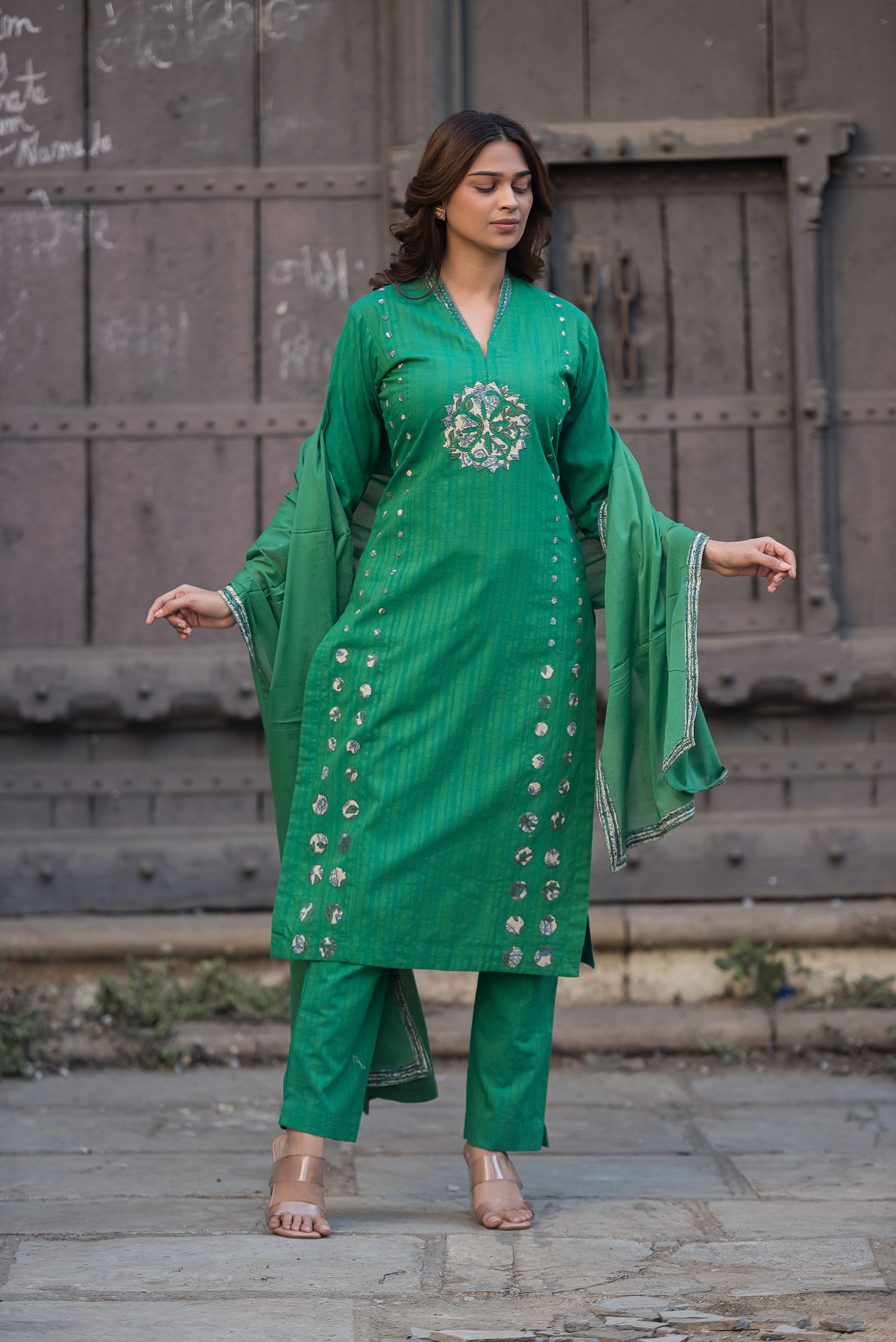 Green Straight Cotton Salwar Suit Set