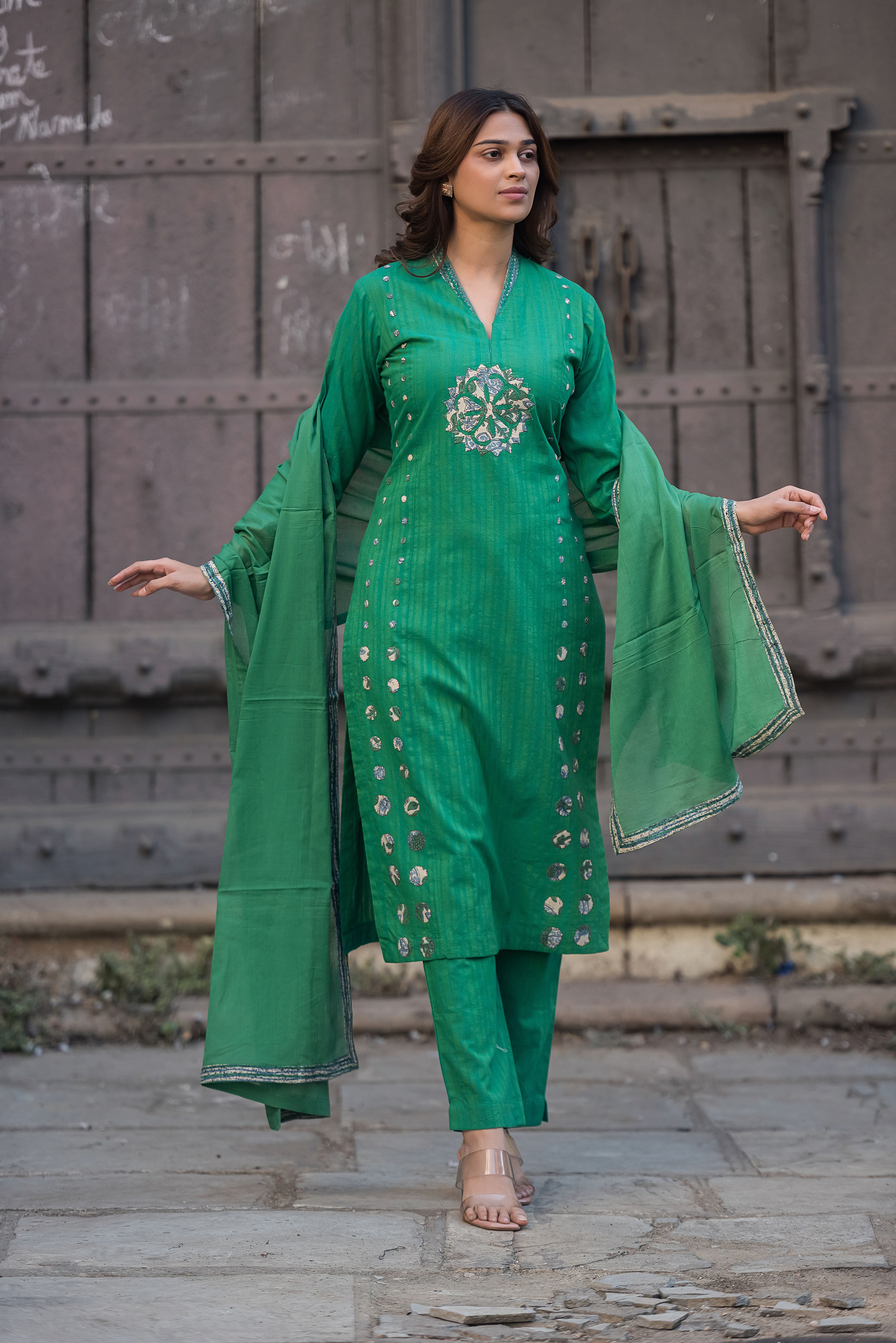 Green Straight Cotton Salwar Suit Set