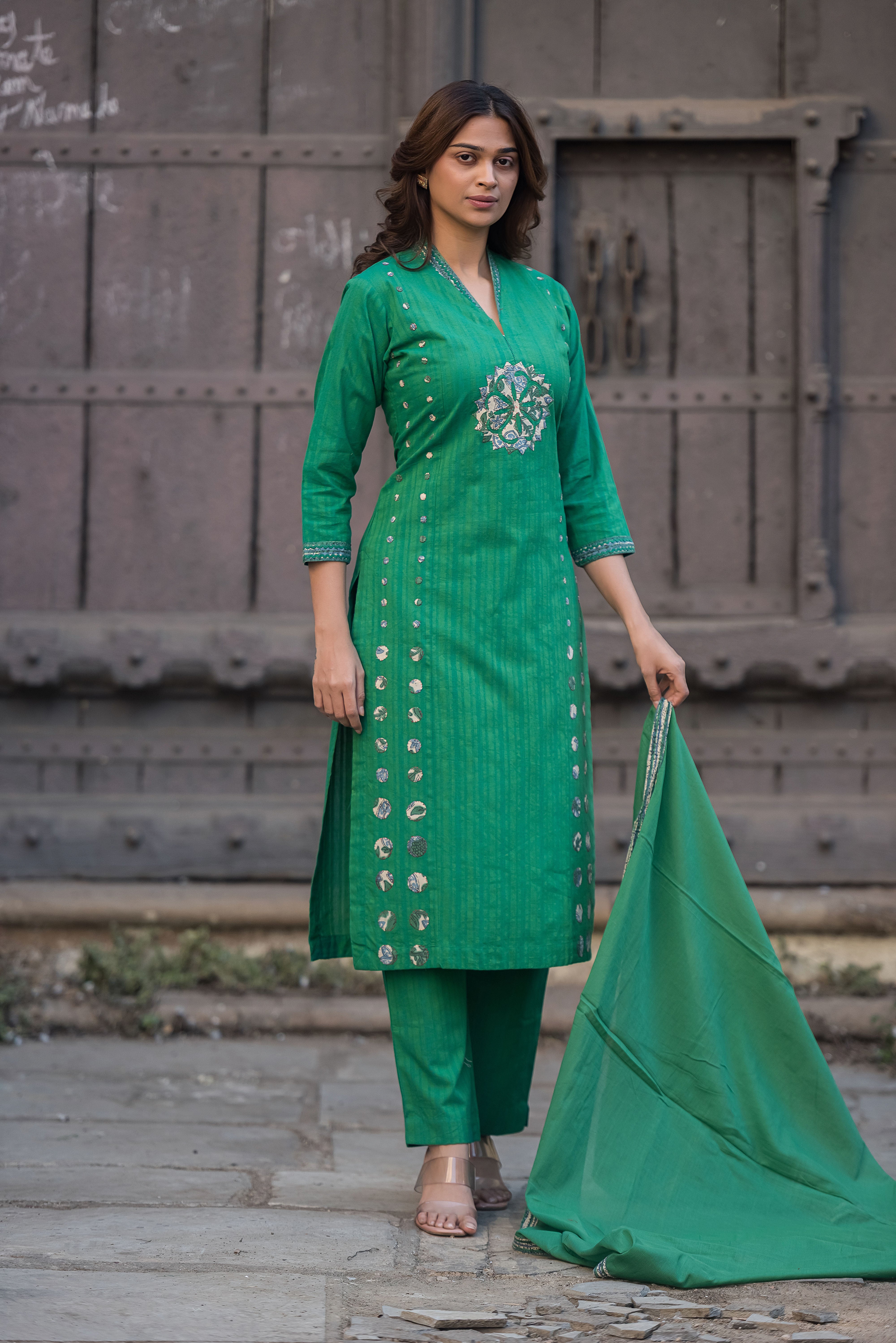 Green Straight Cotton Salwar Suit Set