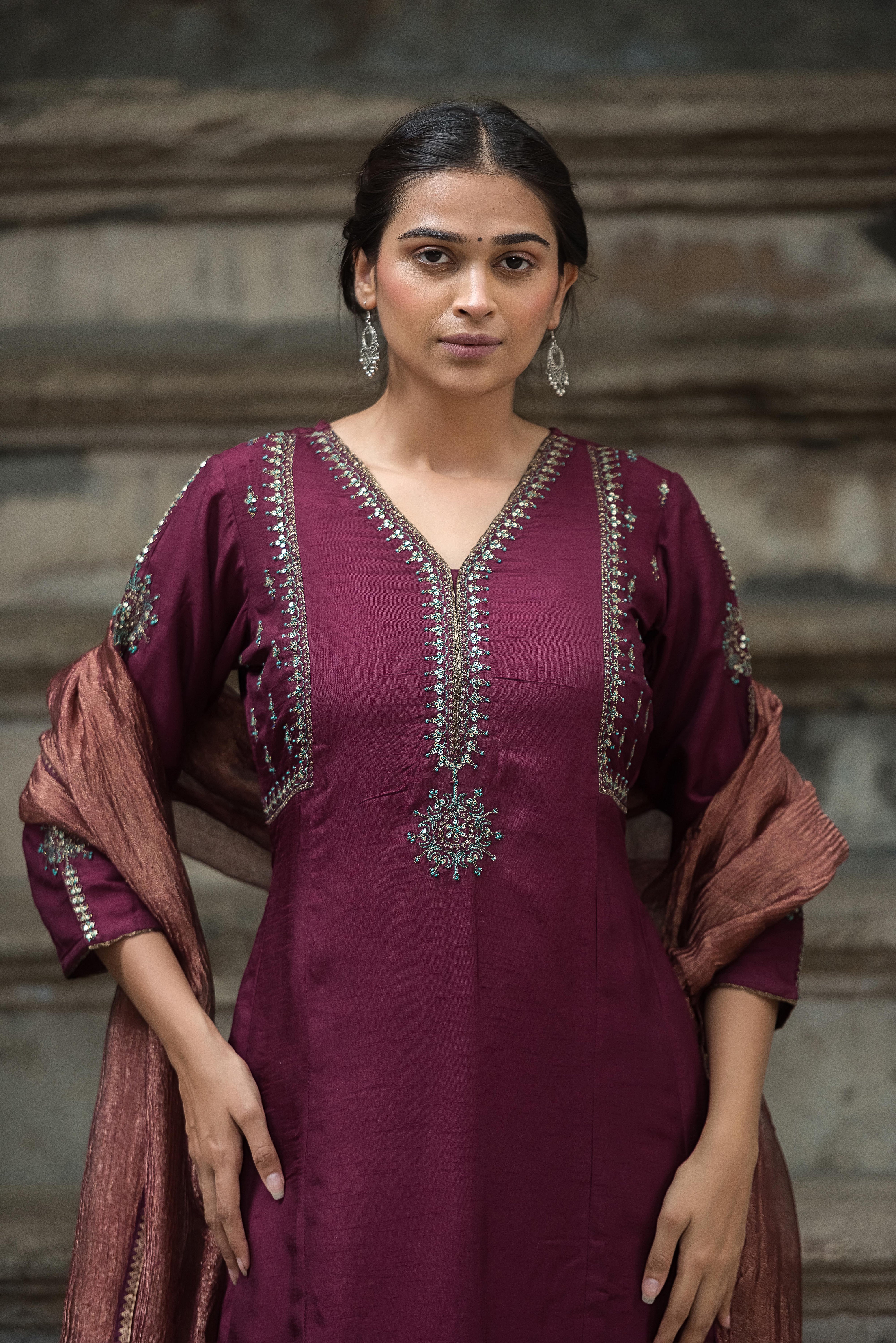 Magenta A-line Salwar Suit